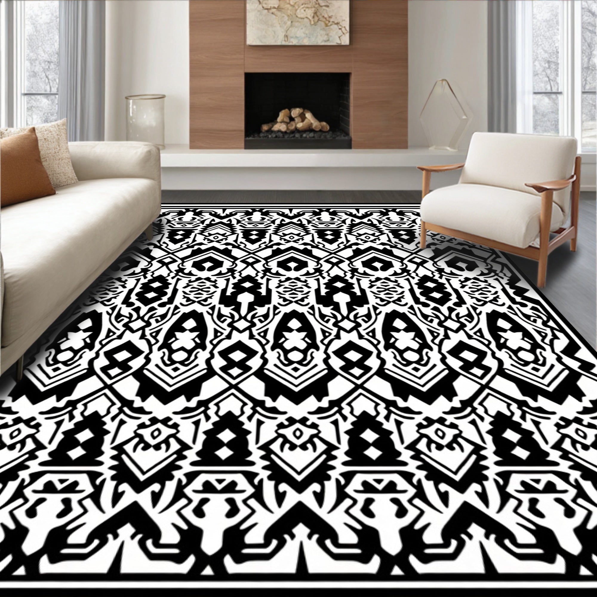 Bold Black White Tribal Pattern Rug