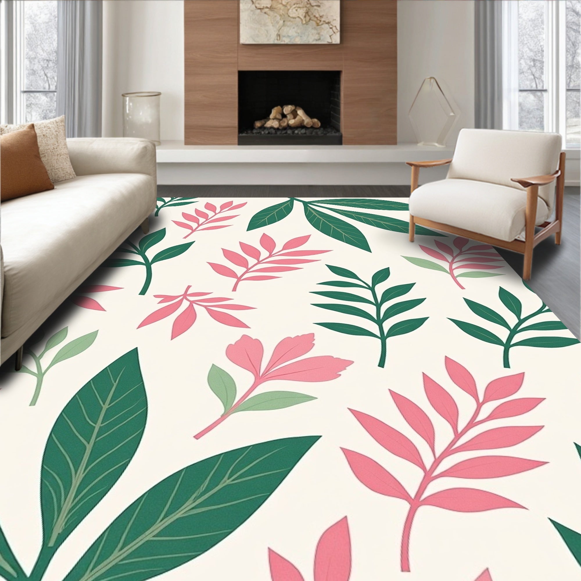 Pink Green Leafy Pattern Rug