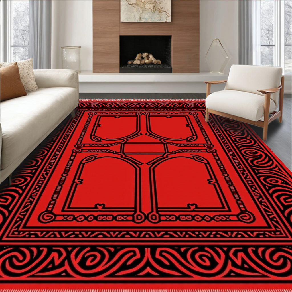 Bold Red Intricate Scroll Pattern Rug