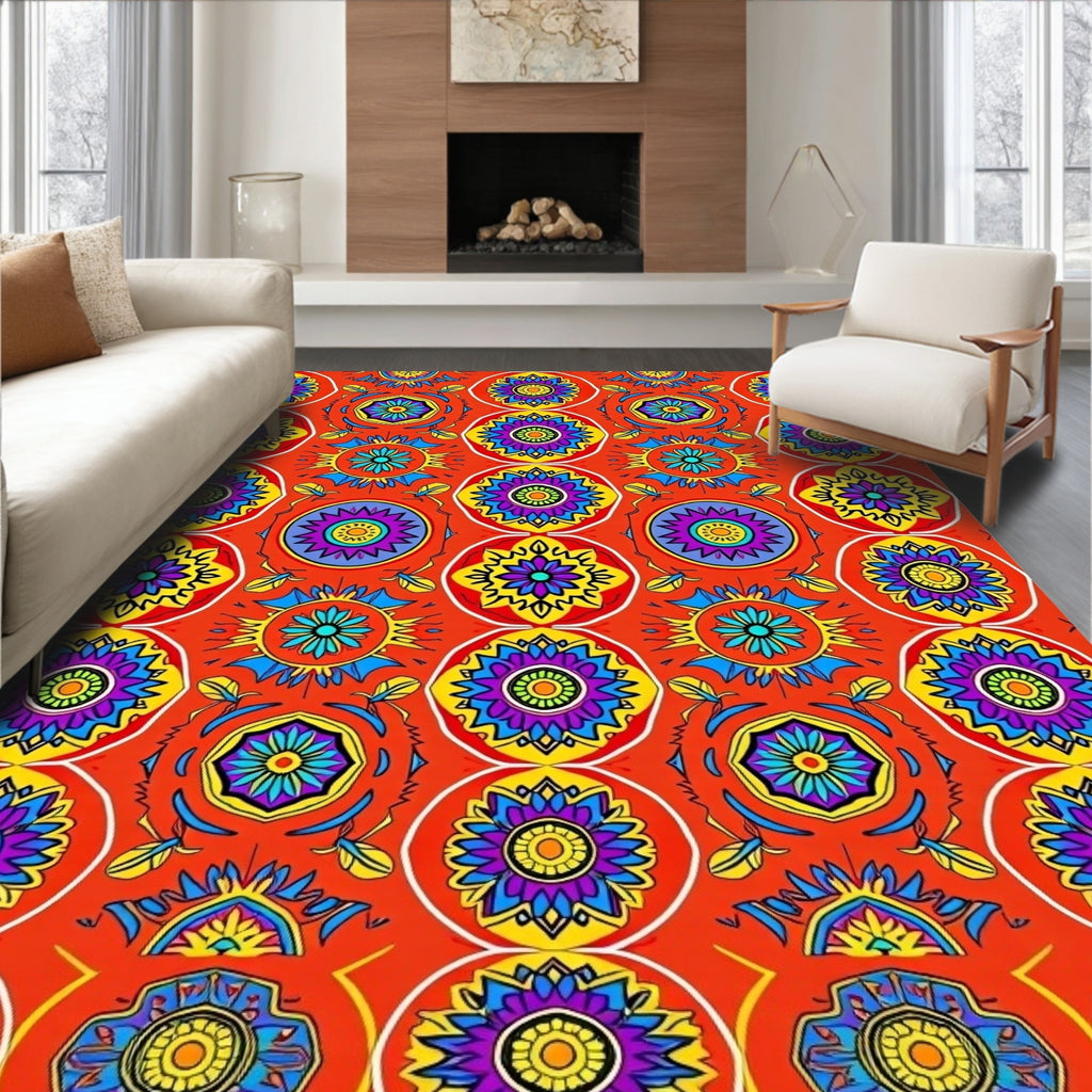 Vibrant Red Floral Medallion Pattern Rug