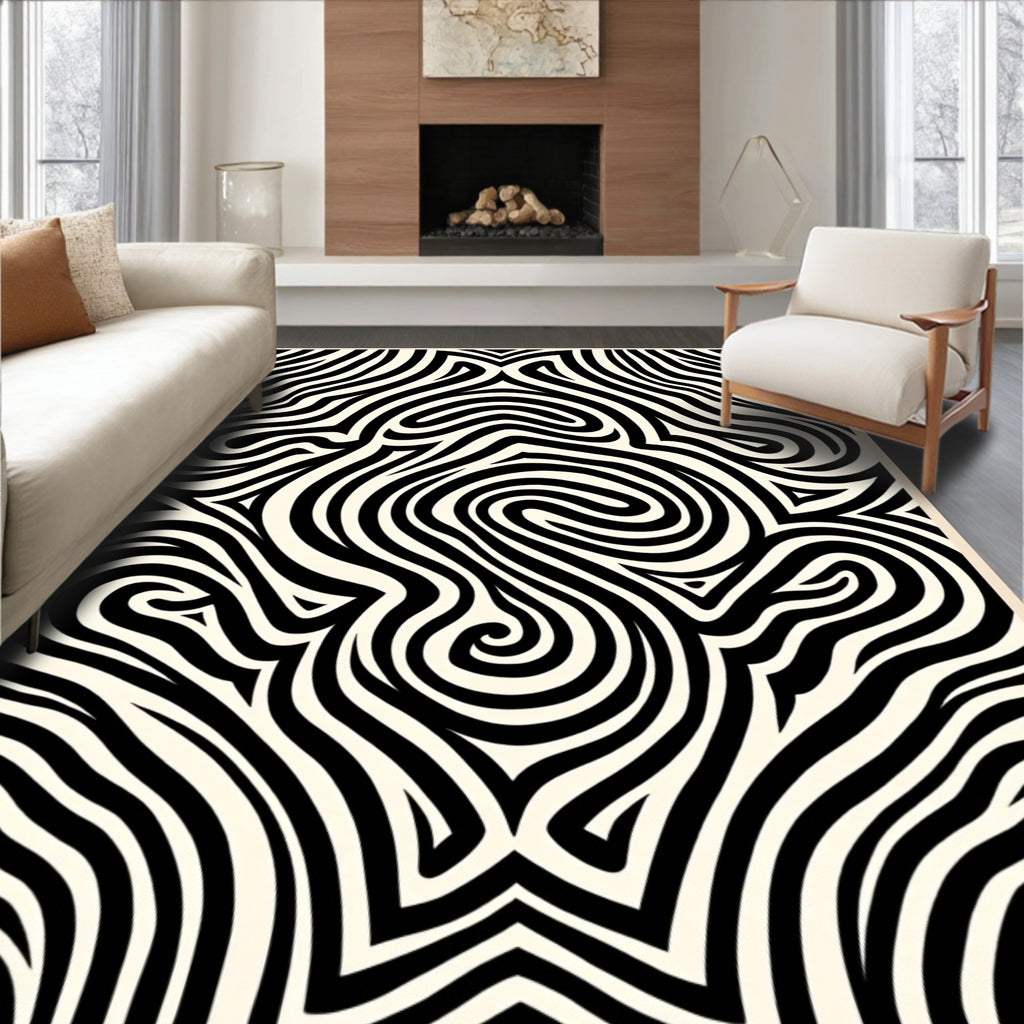 Monochrome Swirling Stripes Pattern Rug