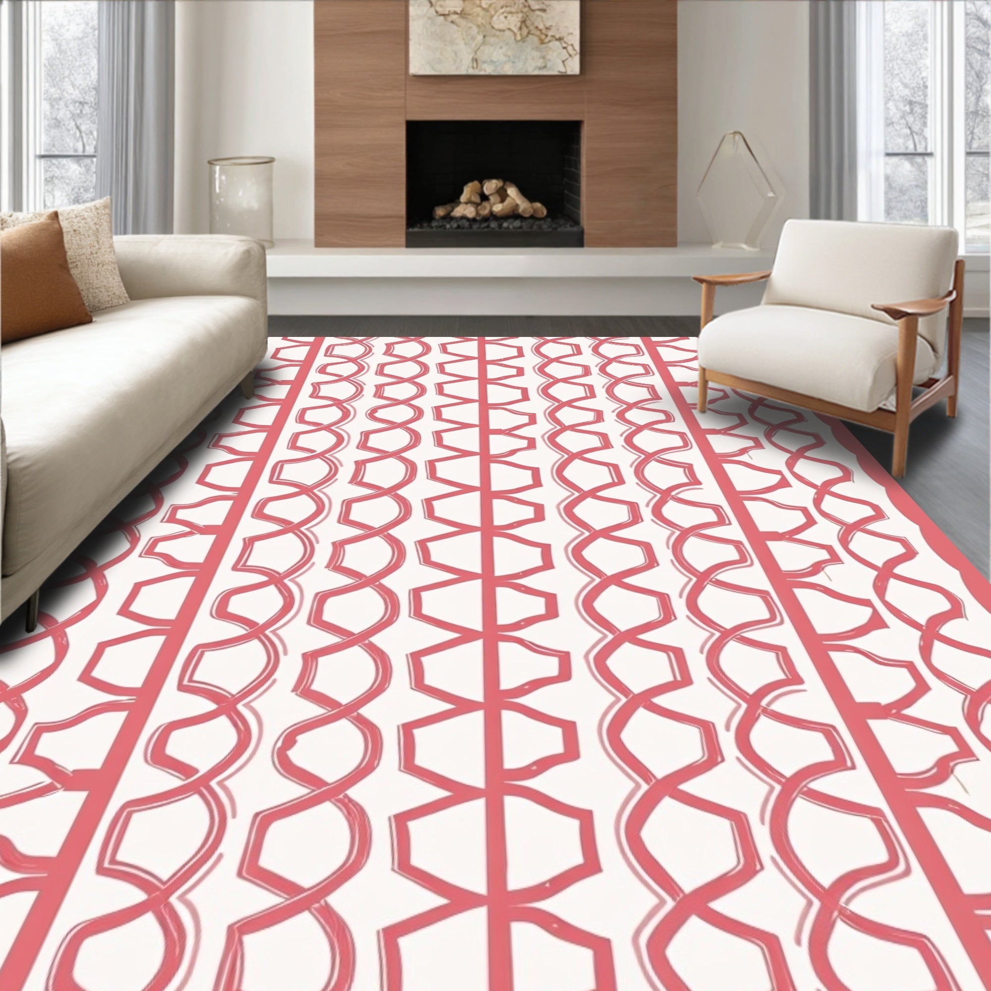 Coral Textured Striped Geometric Rug