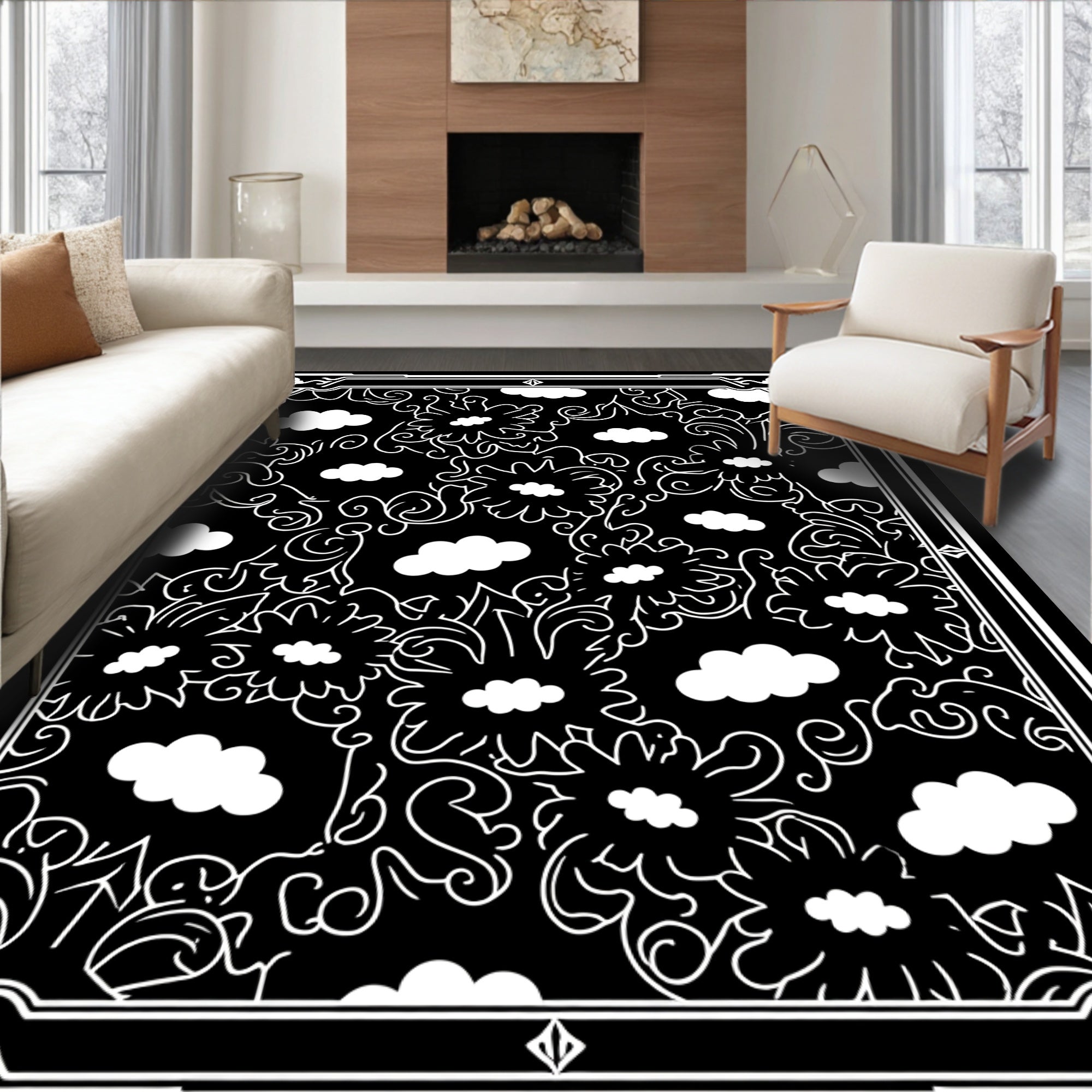 Black White Floral Cloud Pattern Rug