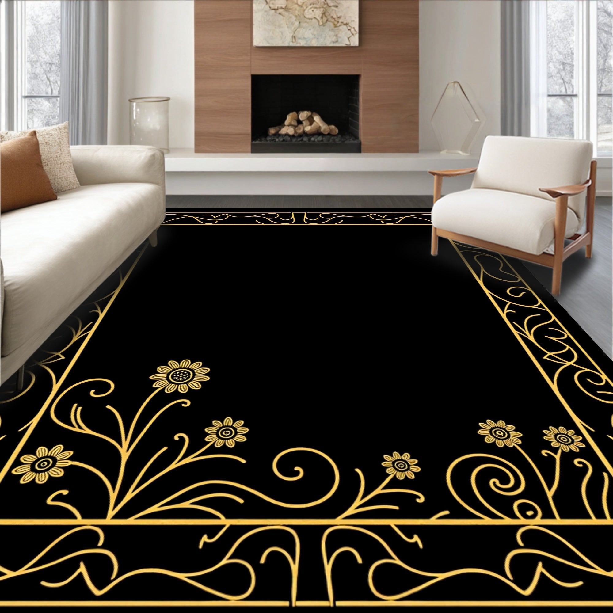Gold Floral Swirl Art Nouveau Pattern Rug