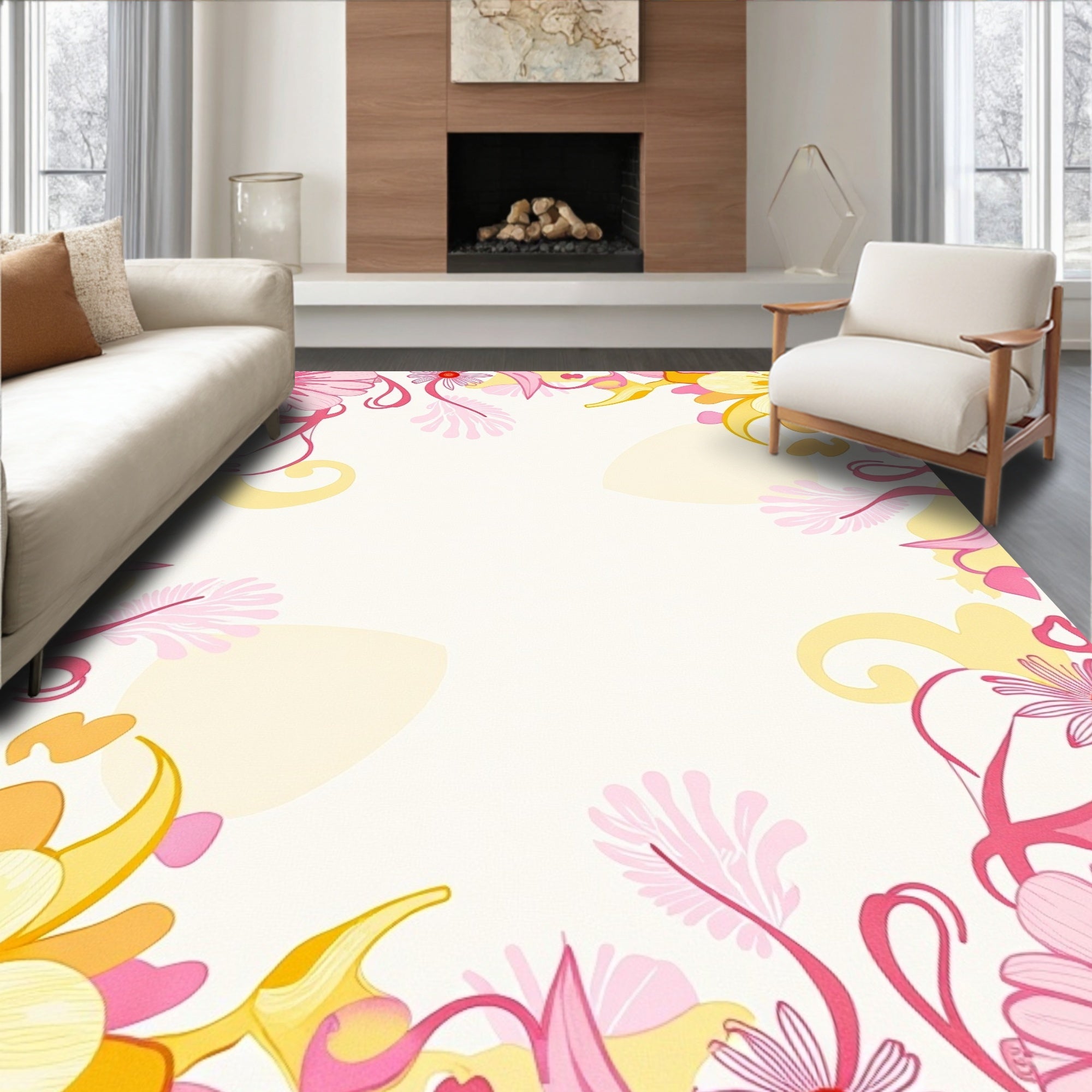 Pink and Yellow Floral Abstract Rug