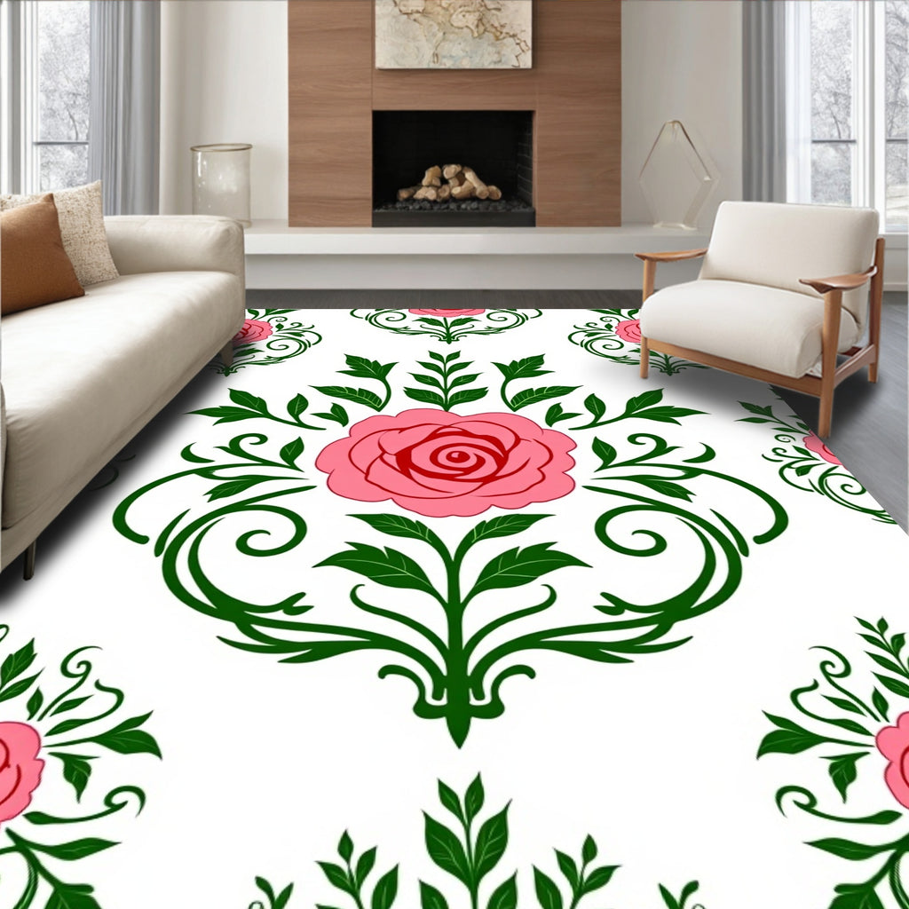 Pink Rose Floral Damask Pattern Rug