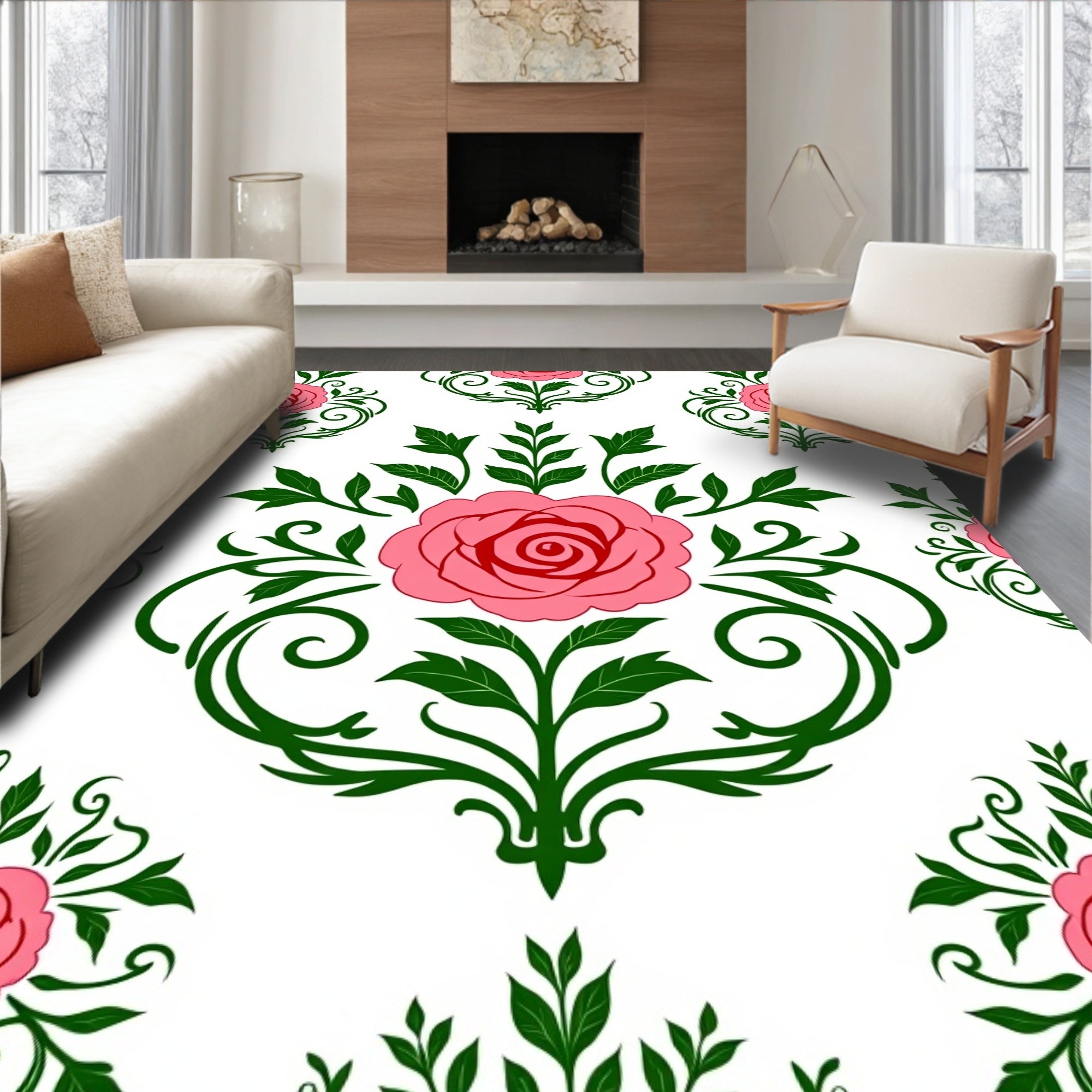 Pink Rose Floral Damask Pattern Rug