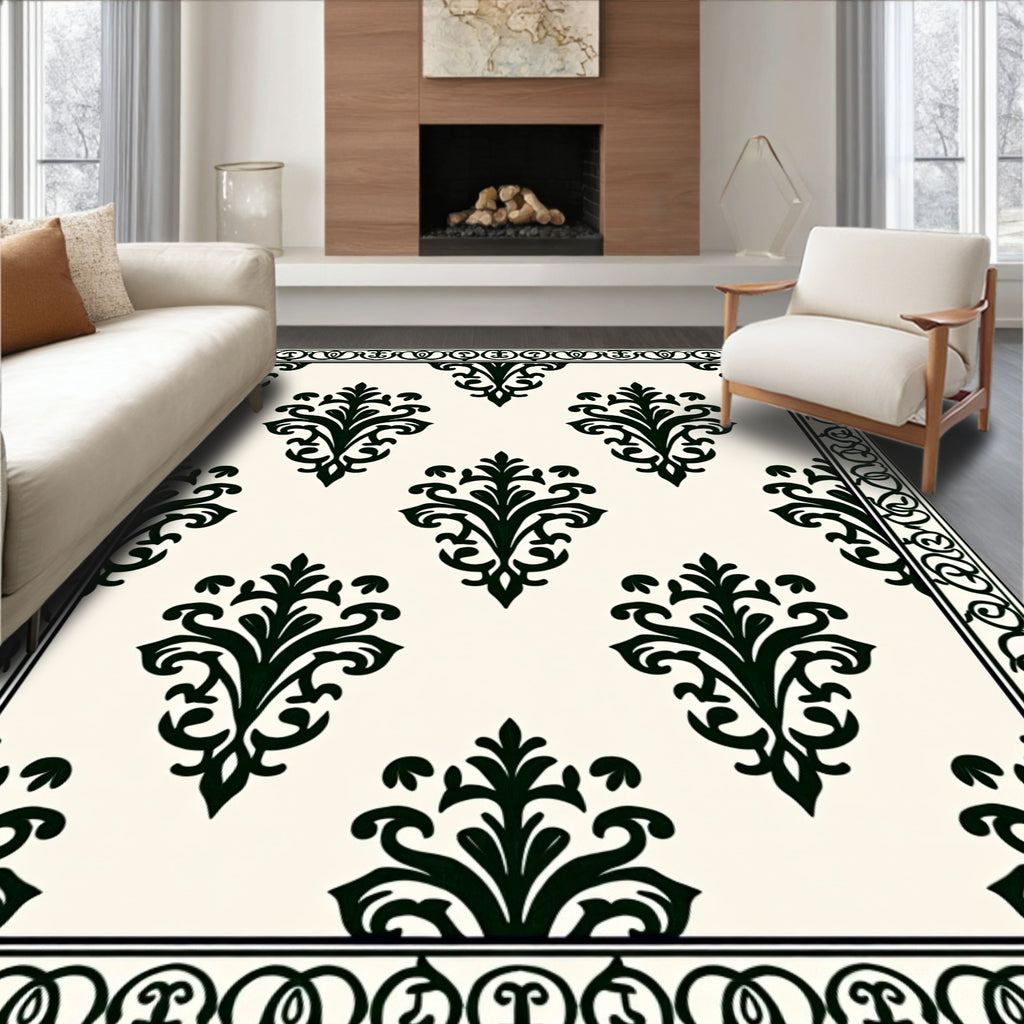 Classic Black Damask Floral Pattern Rug