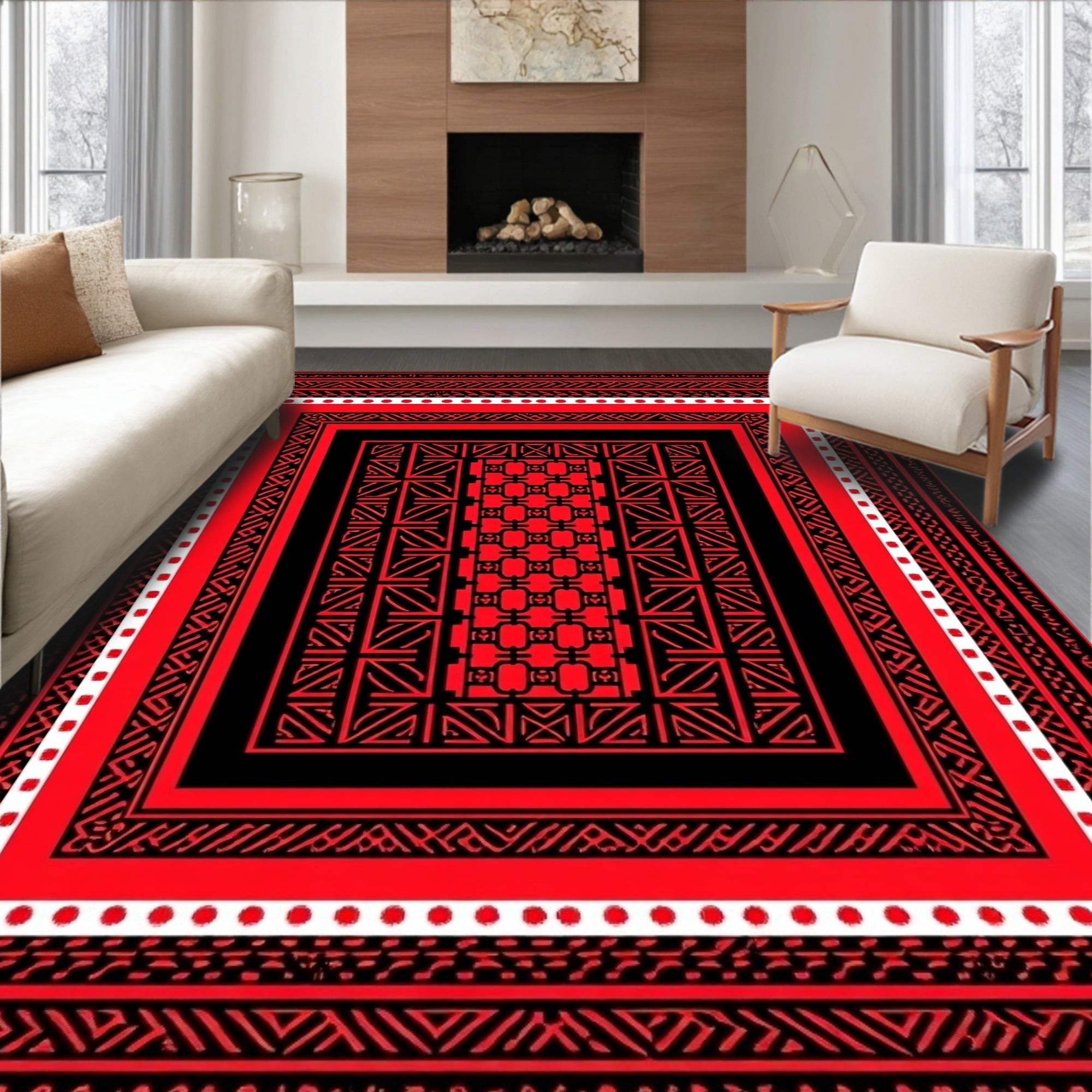 Bold Red Black Geometric Pattern Rug