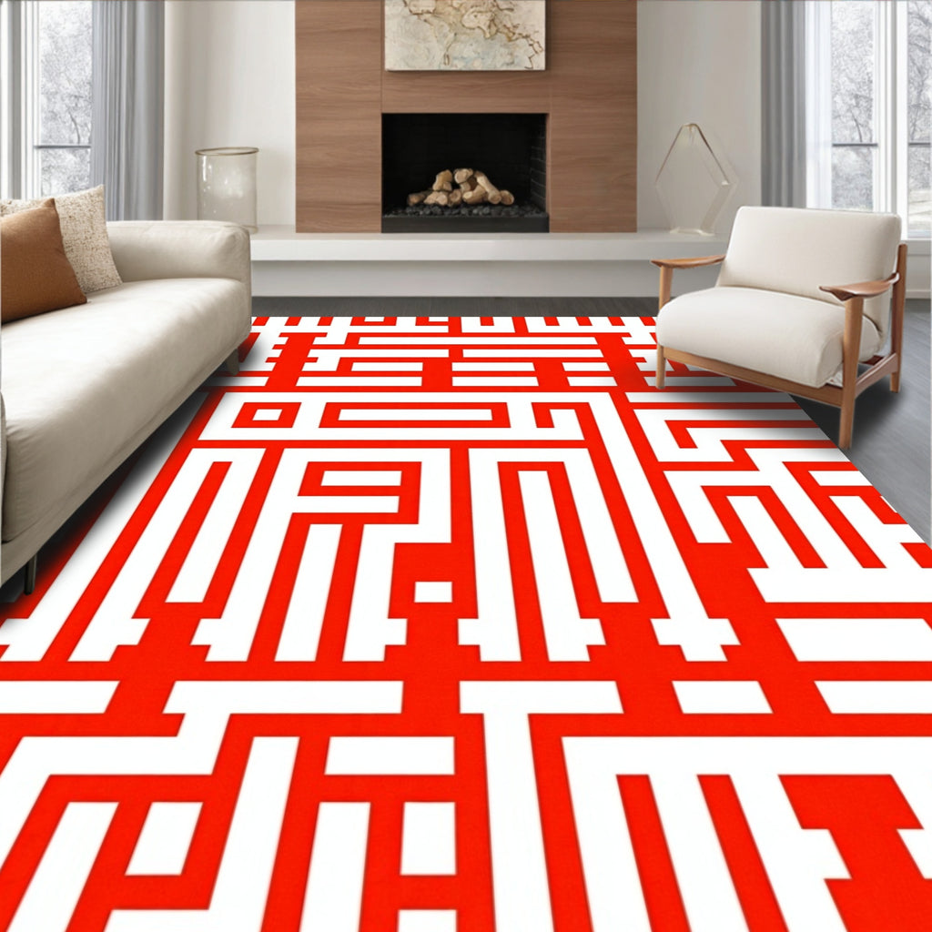 Bold Red Geometric Maze Pattern Rug