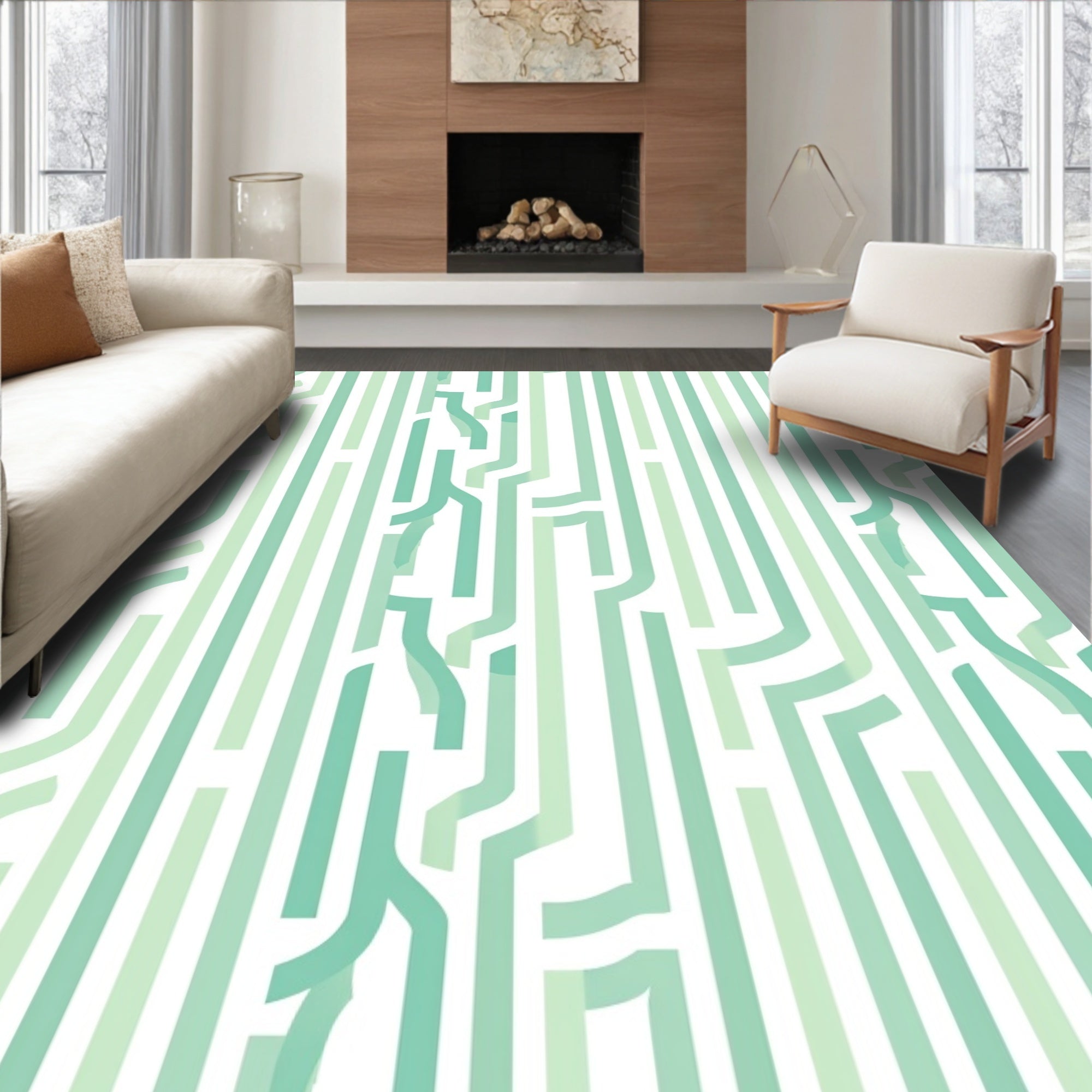 Mint Green Abstract Line Pattern Rug