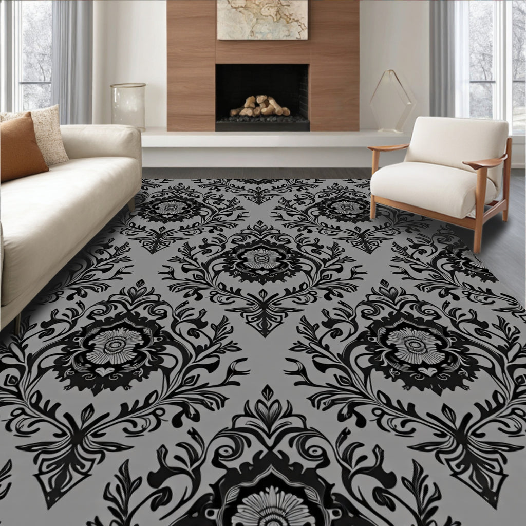 Black Gray Damask Floral Pattern Rug