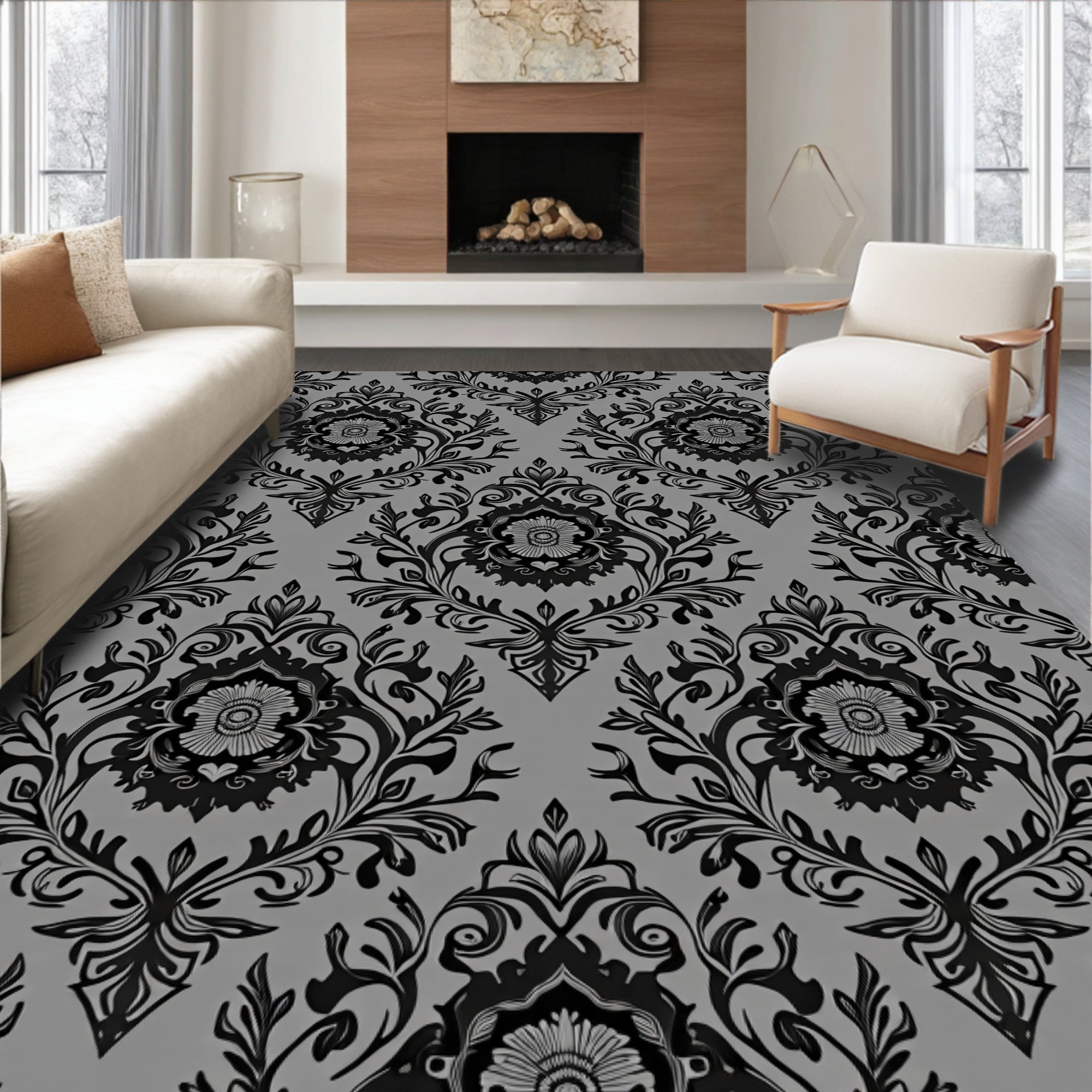 Black Gray Damask Floral Pattern Rug