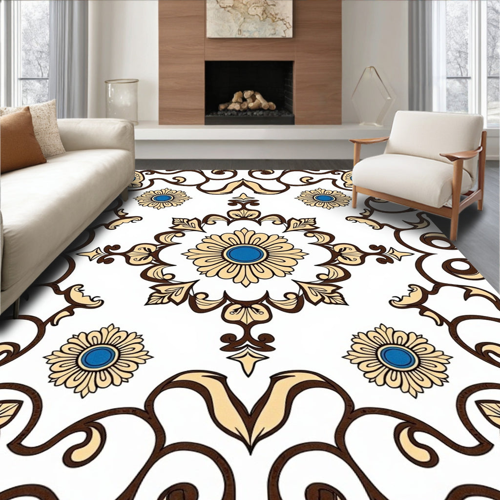 Elegant Gold Blue Floral Scroll Rug