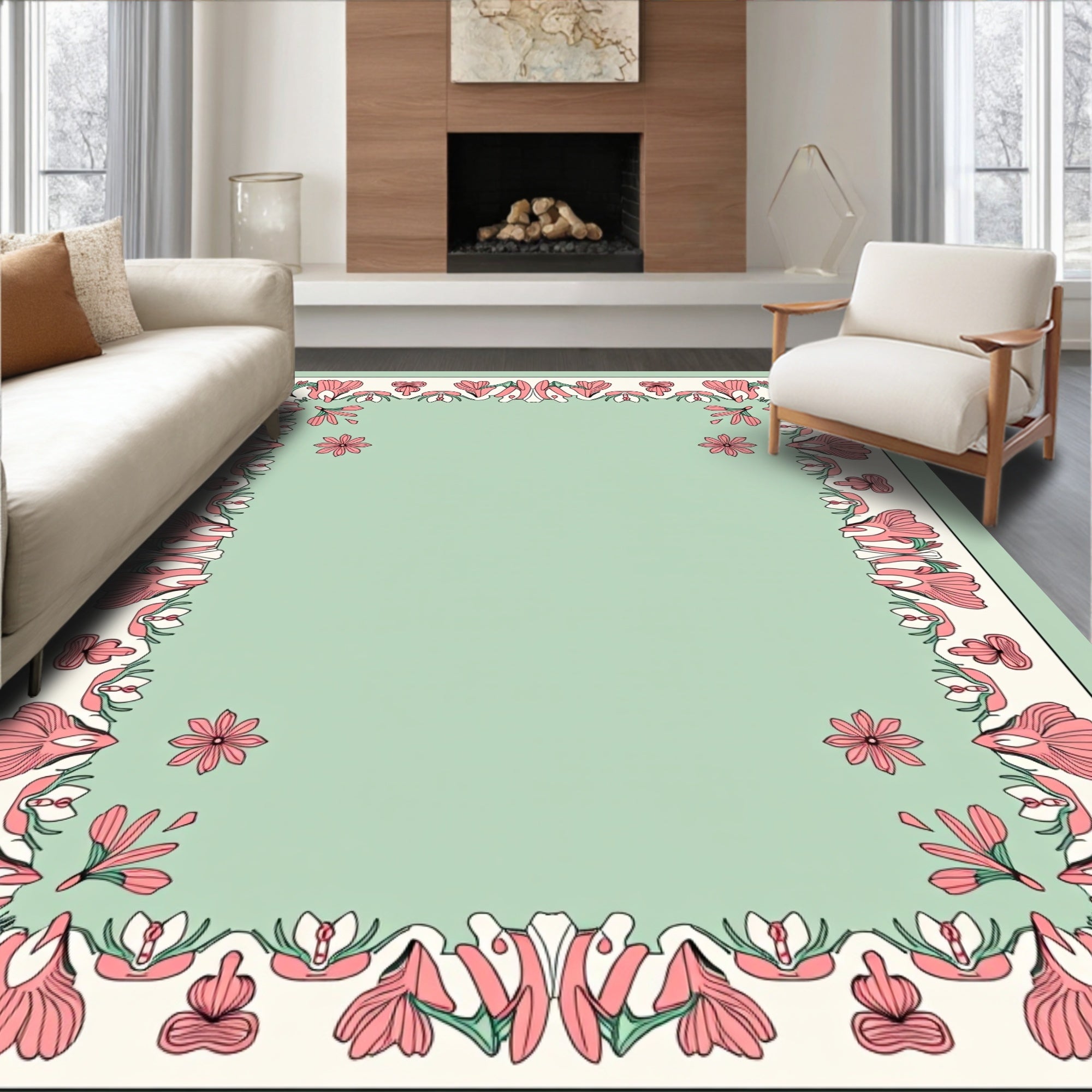 Pink Floral Border Pattern Rug