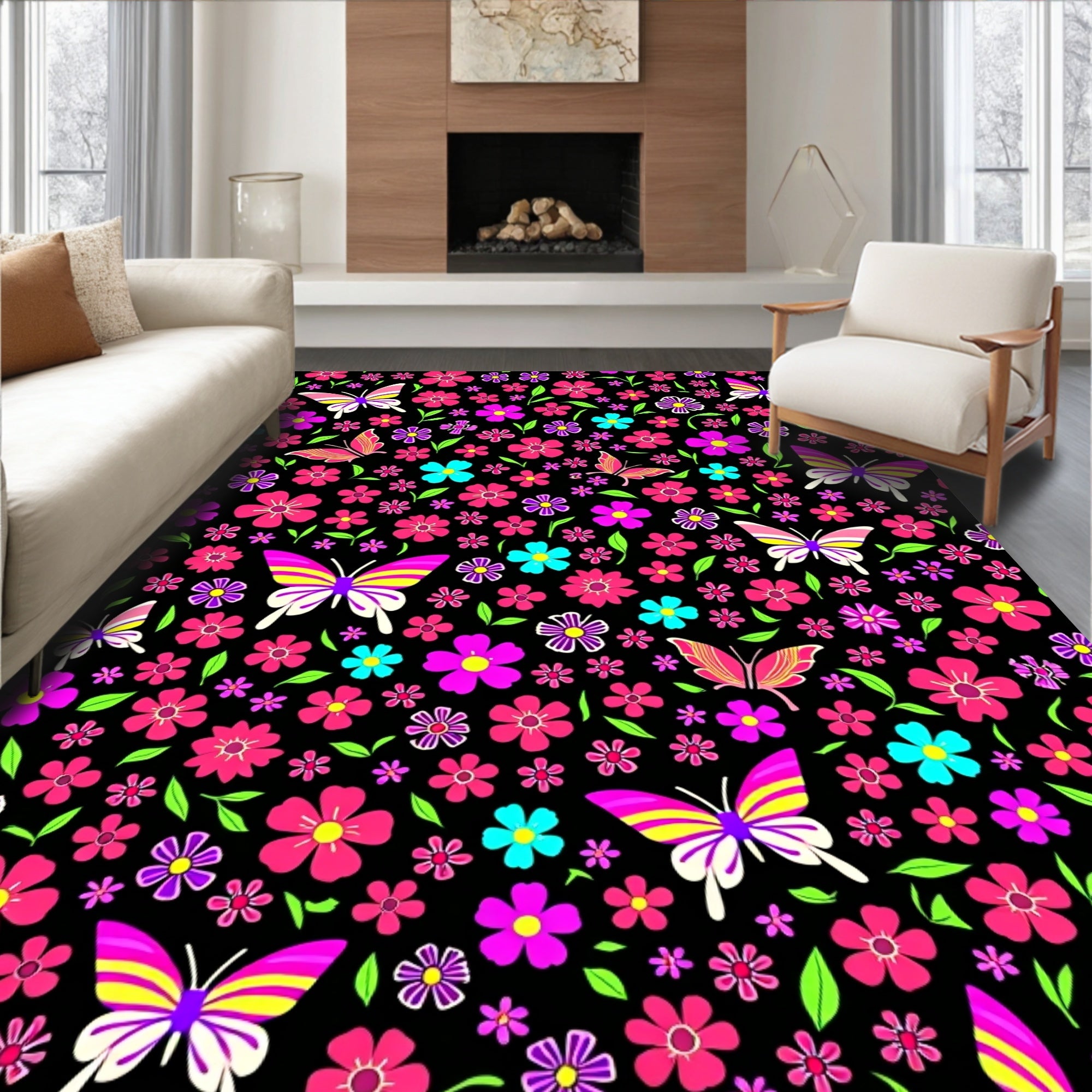 Vibrant Butterflies and Flowers Design Rug