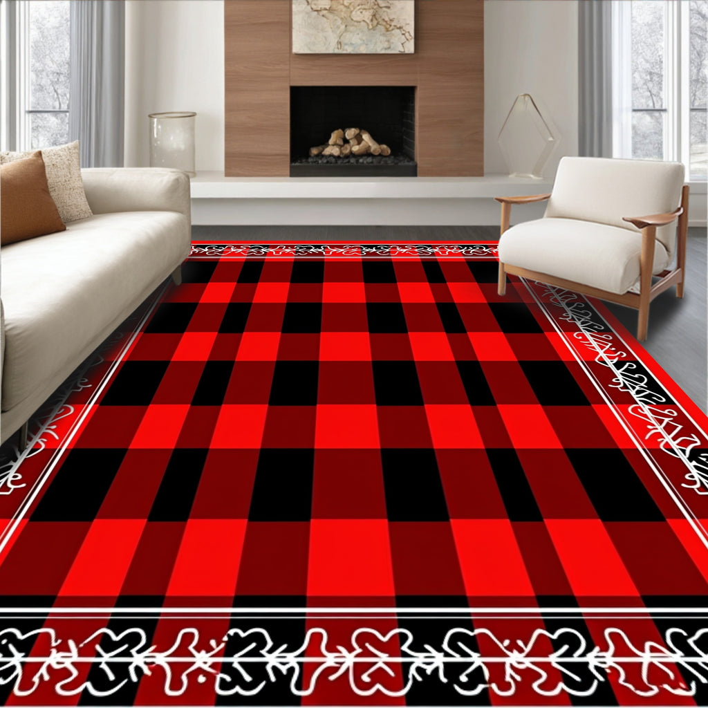 Red Black Buffalo Check Border Design Rug