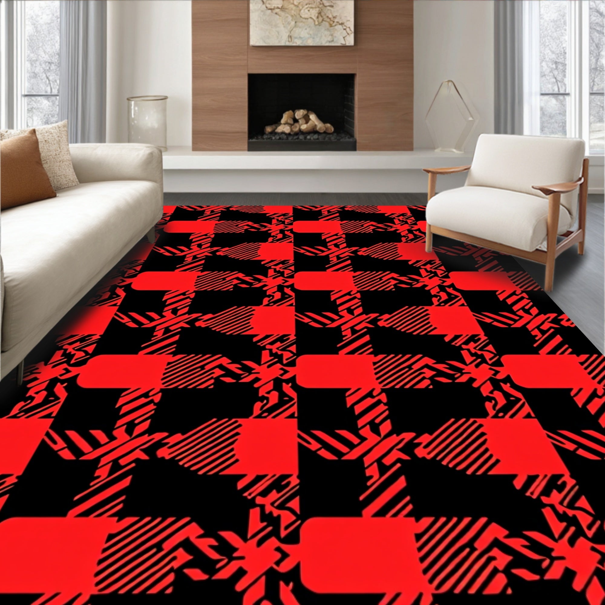 Bold Red Black Plaid Pattern Design Rug