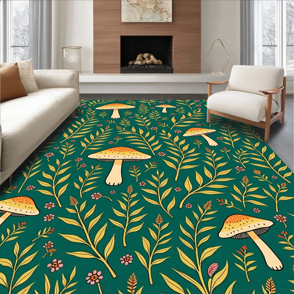 Golden Mushroom Forest Whimsical Rug