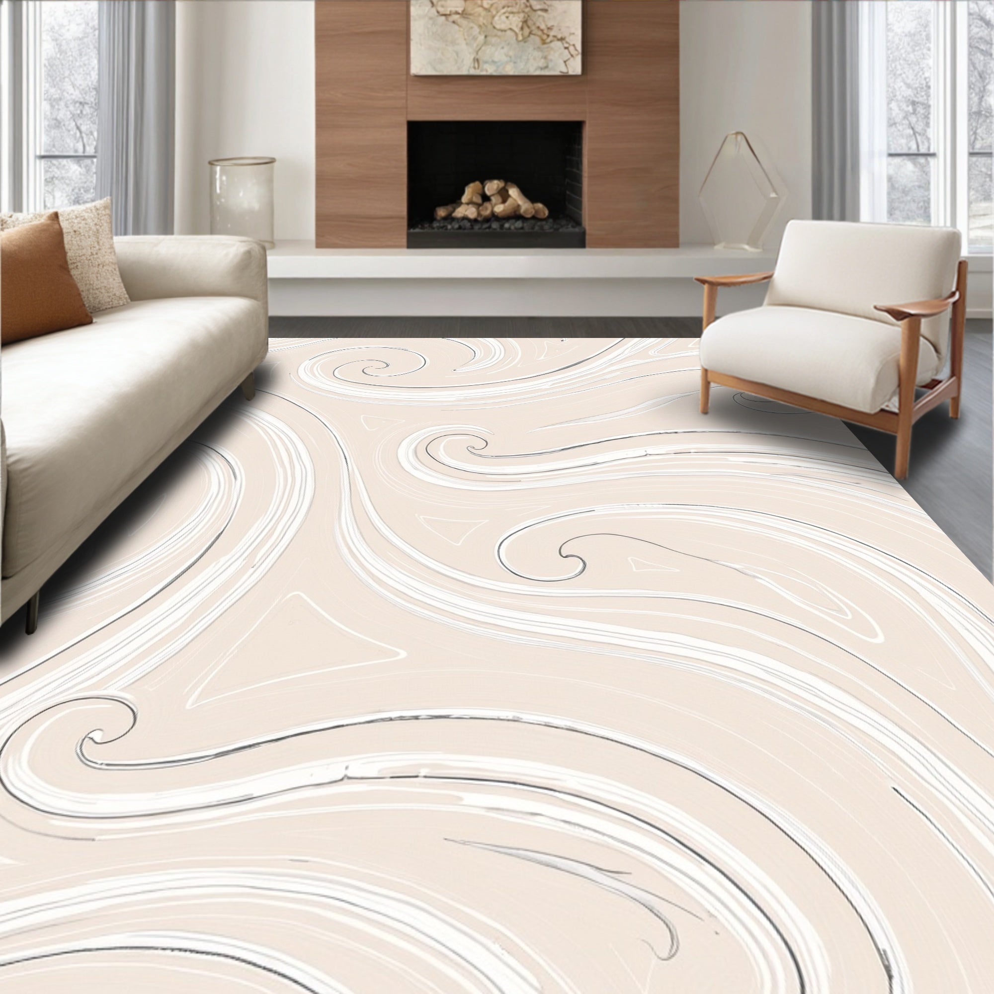 Cream Swirl Elegant Abstract Pattern Rug