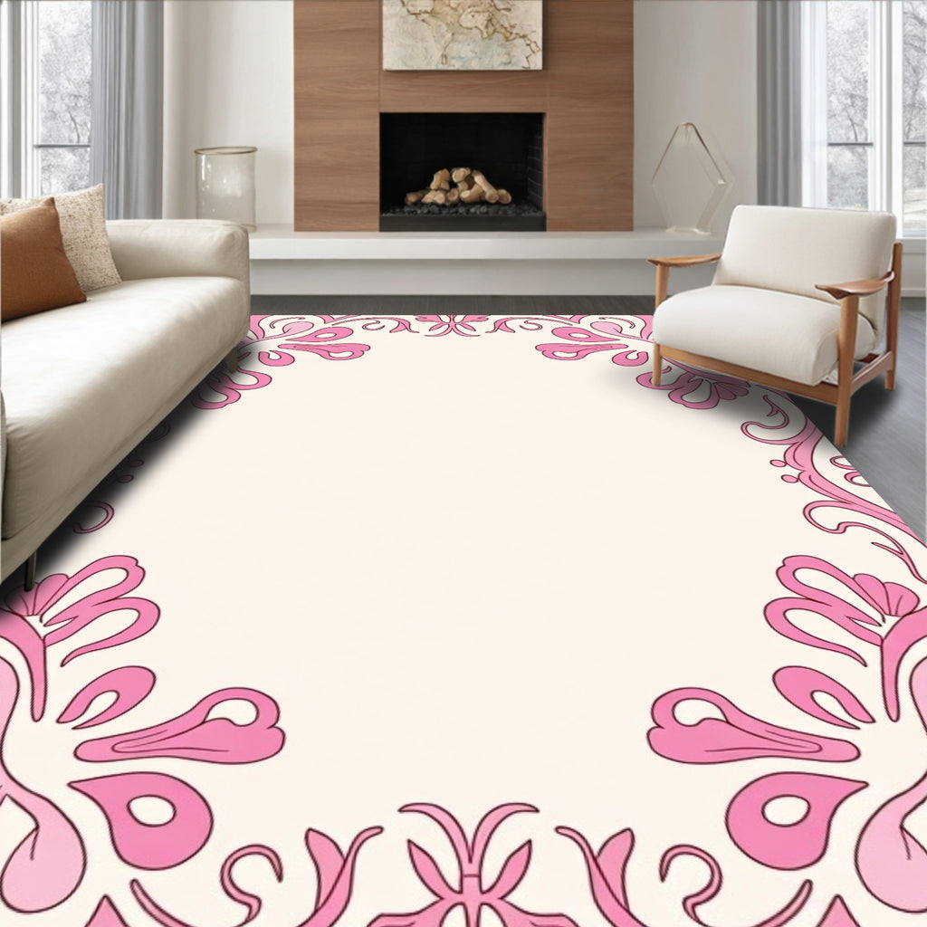 Elegant Pink Floral Swirl Border Rug