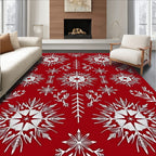 Red White Snowflakes Floral Pattern Rug