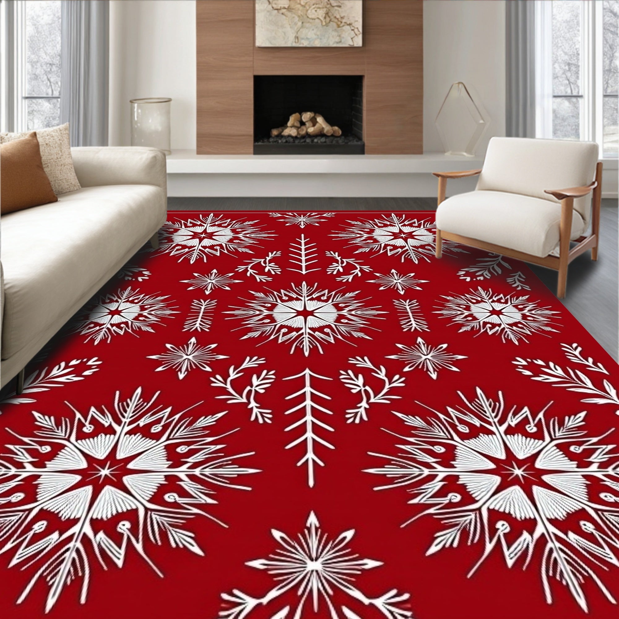 Red White Snowflakes Floral Pattern Rug