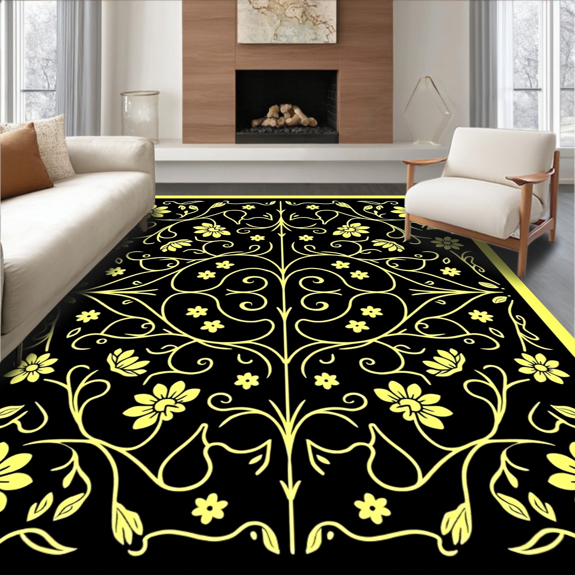 Intricate Floral Vine Yellow Black Pattern Rug