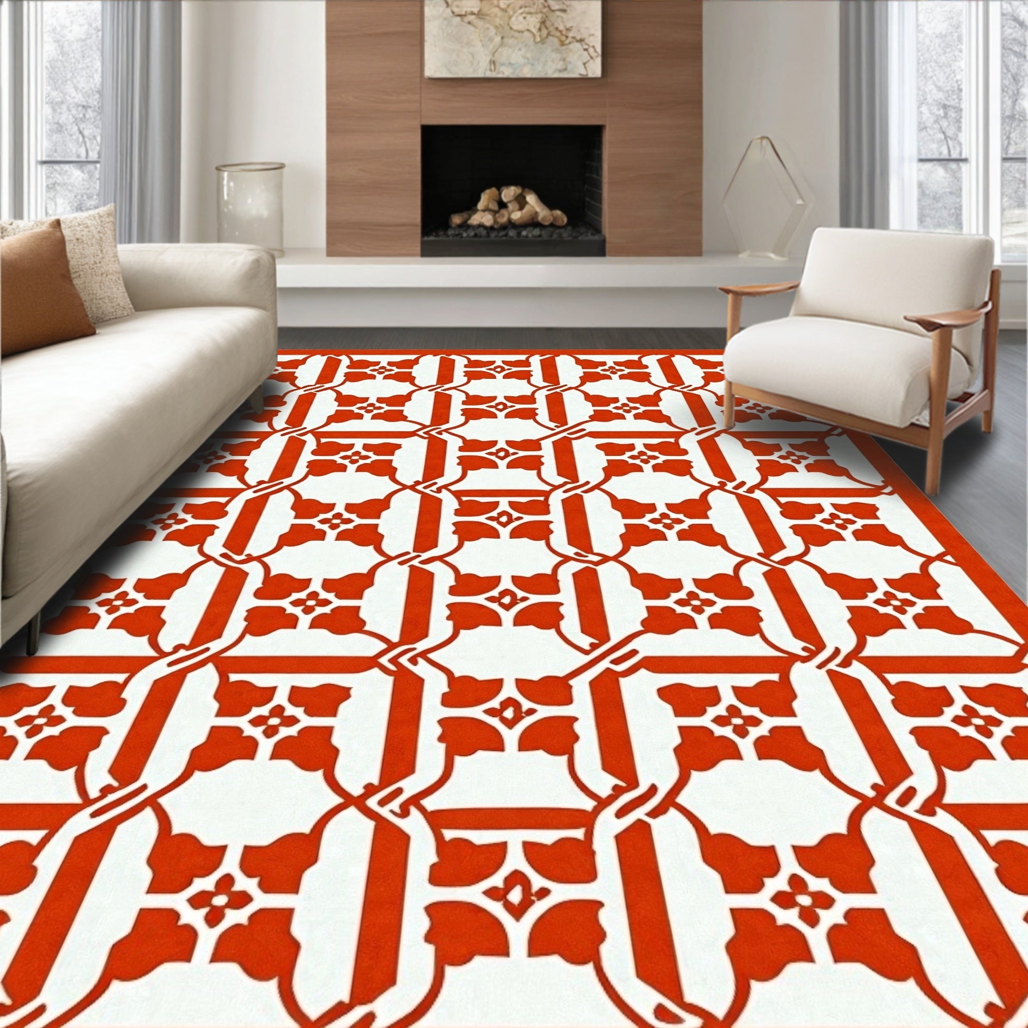 Red Orange Lattice Floral Pattern Rug