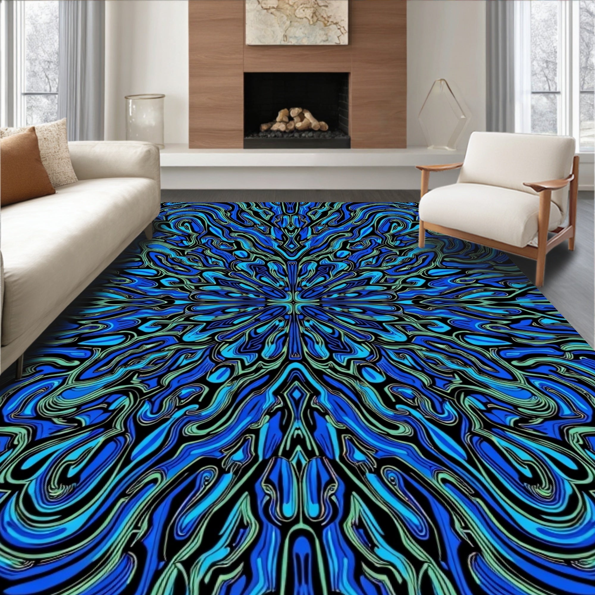 Abstract Blue Swirls Organic Pattern Rug