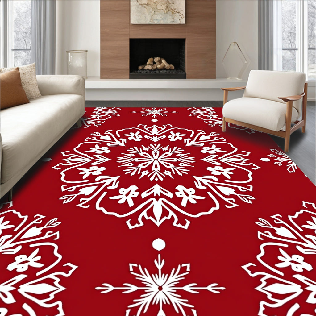 Crimson Snow Winter Mandala Pattern Rug