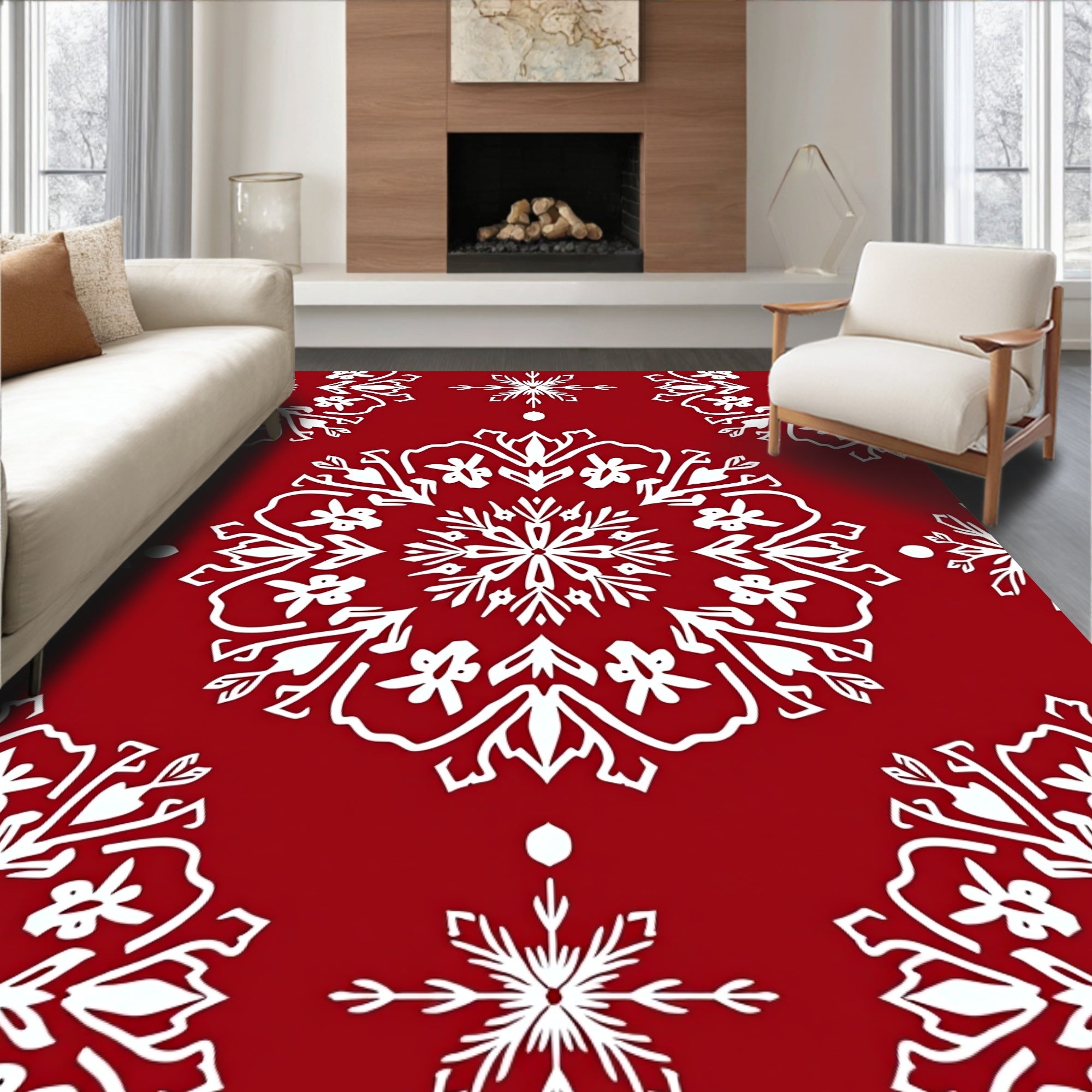Crimson Snow Winter Mandala Pattern Rug