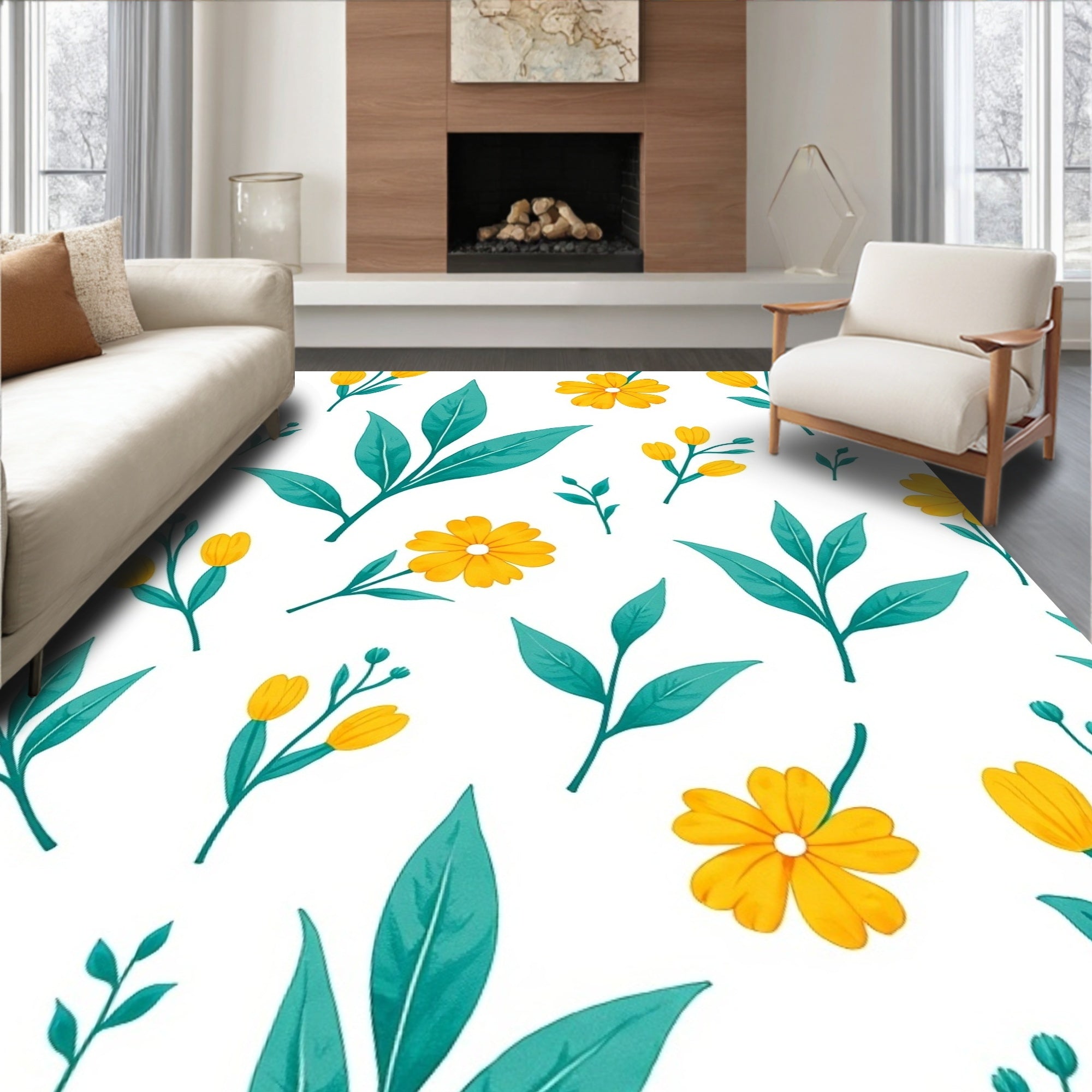 Yellow Floral Teal Leaf Pattern Rug