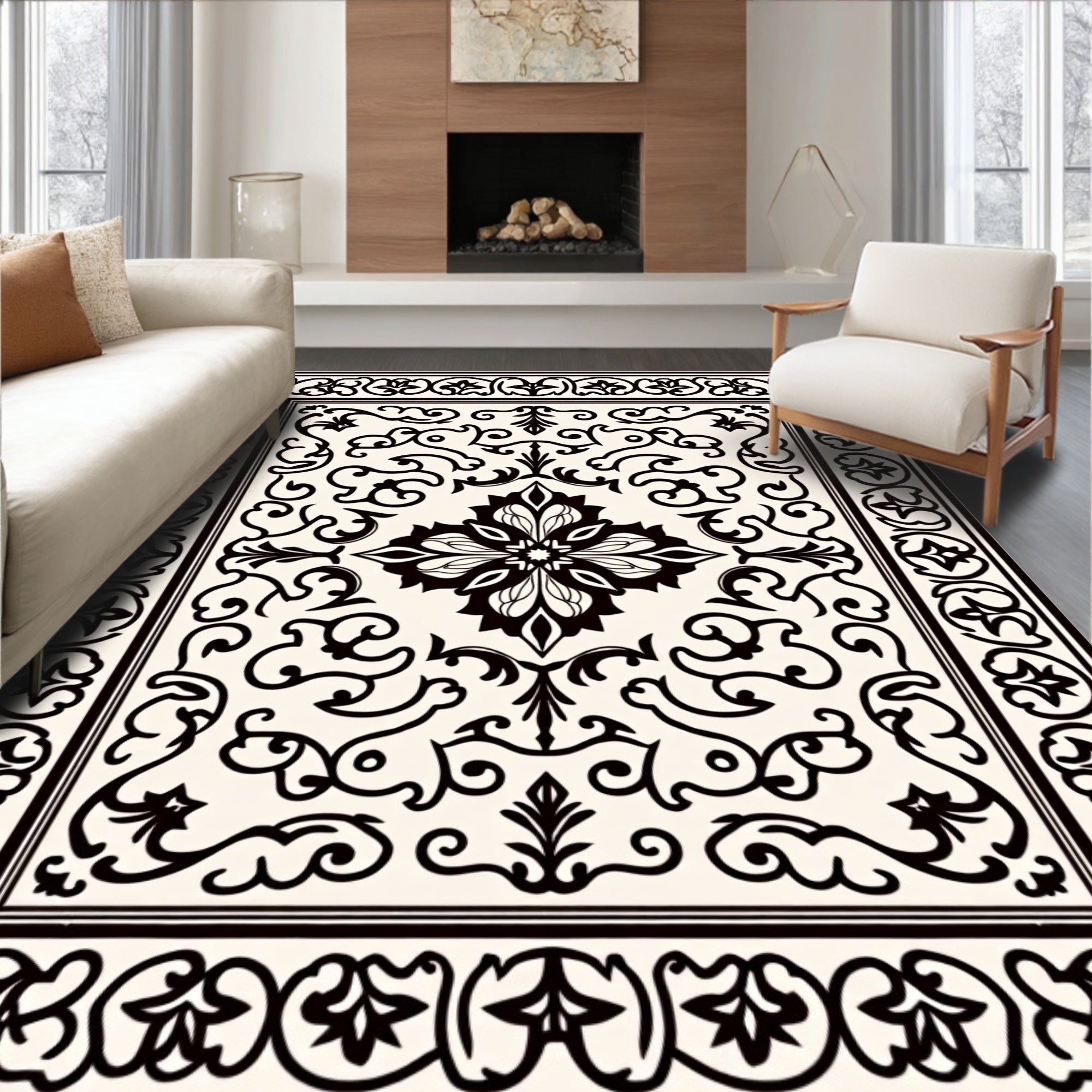 Classic Black Floral Damask Rug