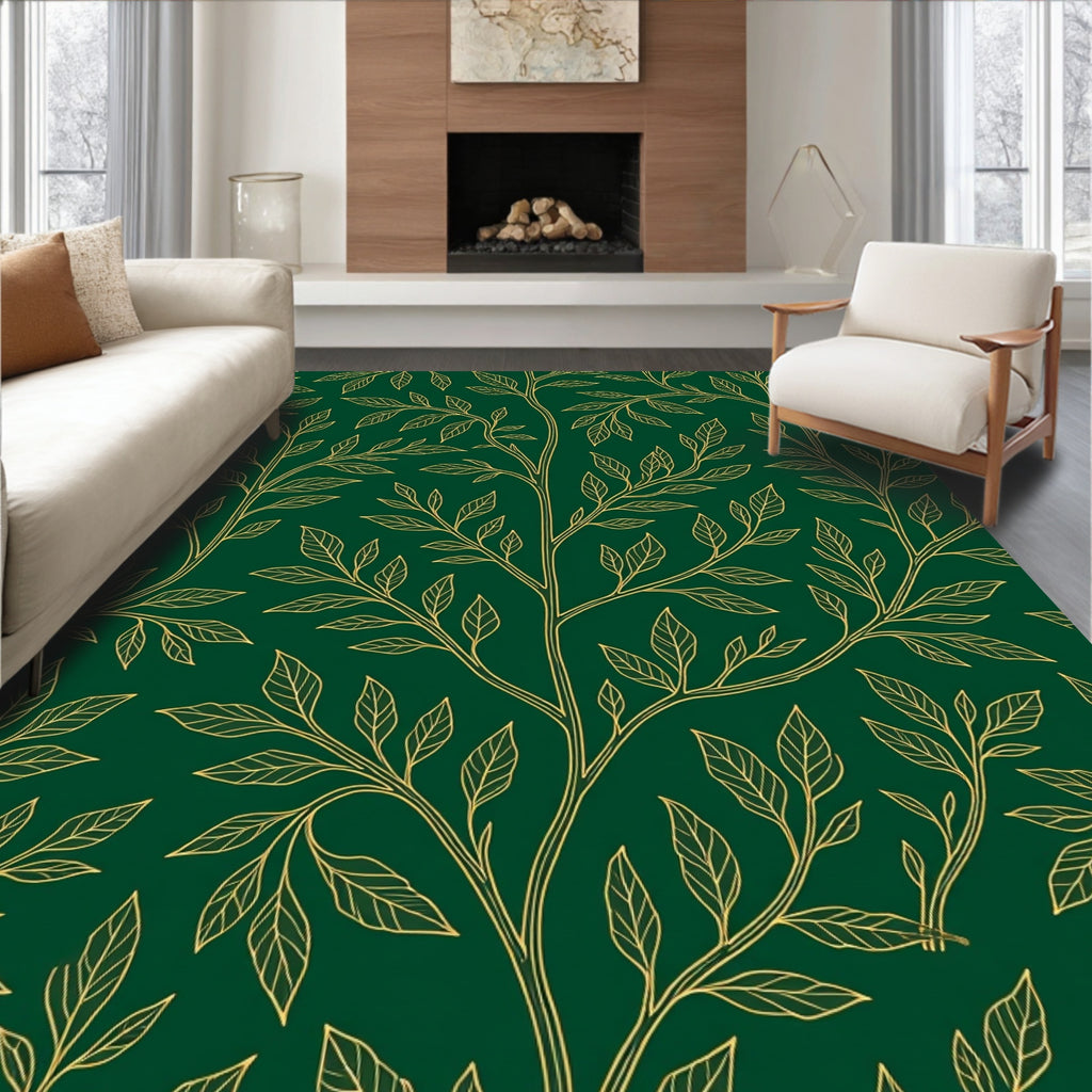 Green Gold Leaf Vine Pattern Rug