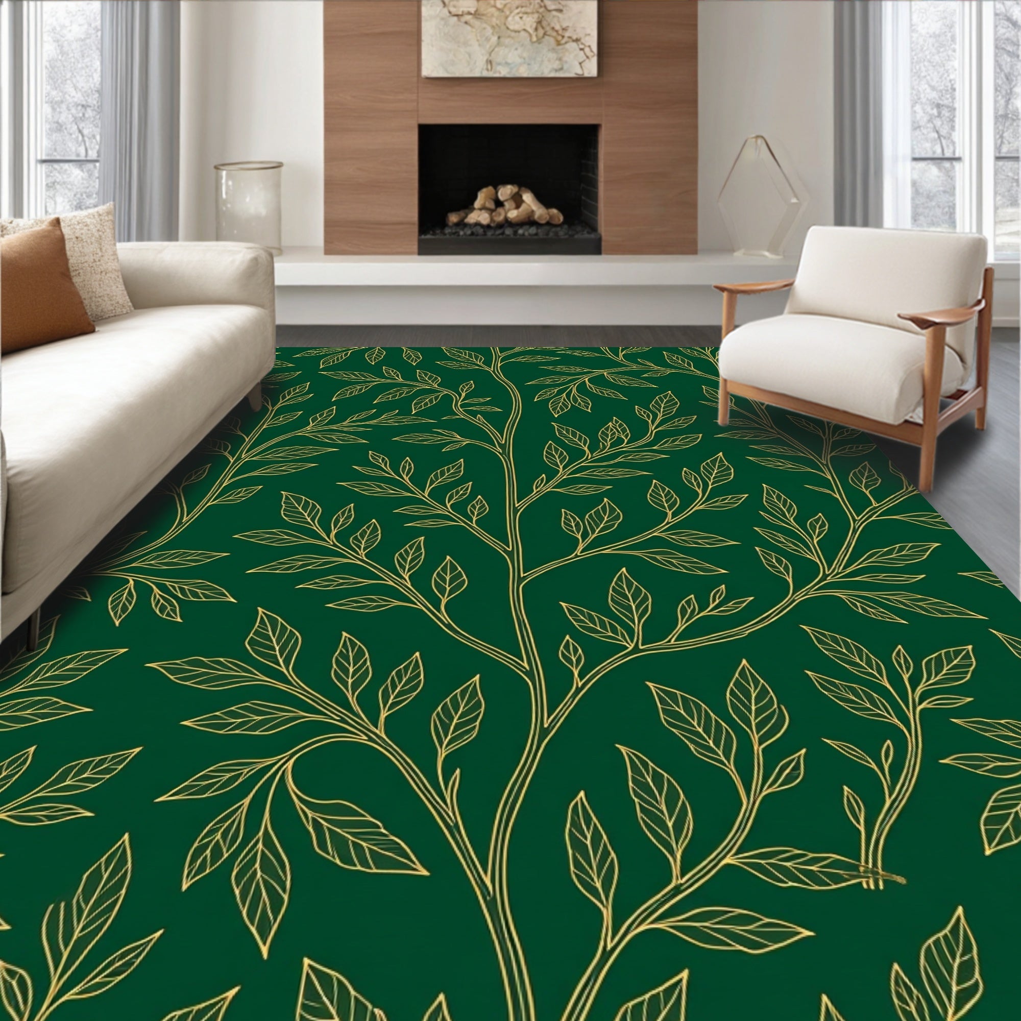 Green Gold Leaf Vine Pattern Rug