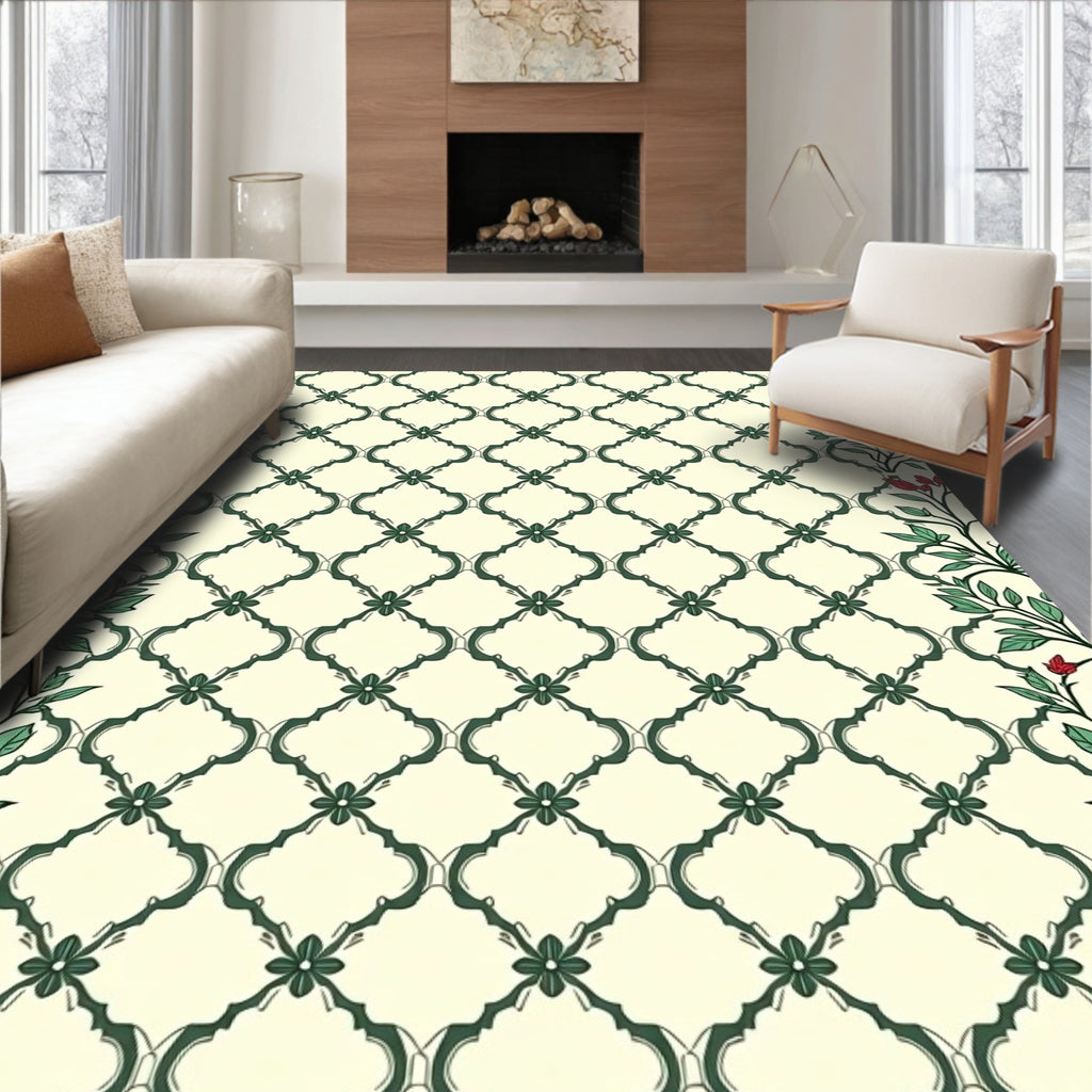 Classic Green Trellis Floral Border Rug