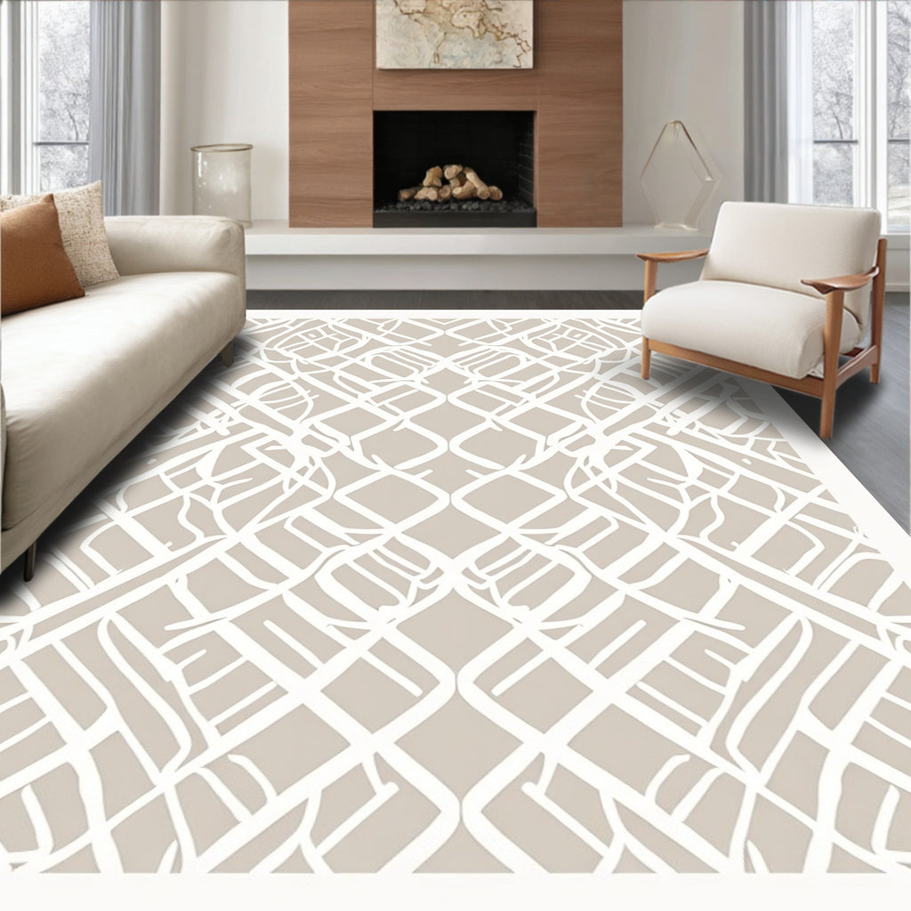 Cream And Taupe Lattice Pattern Rug
