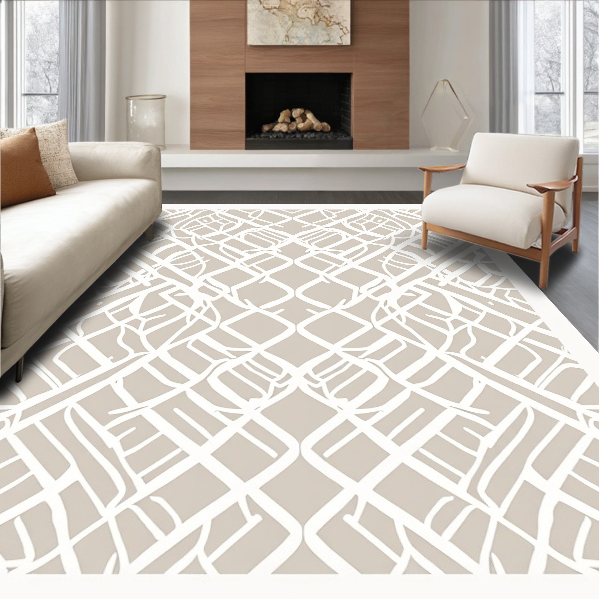 Cream And Taupe Lattice Pattern Rug