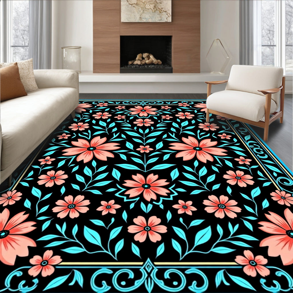 Coral Floral Design With Teal Leaves Rug