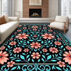 Coral Floral Design With Teal Leaves Rug