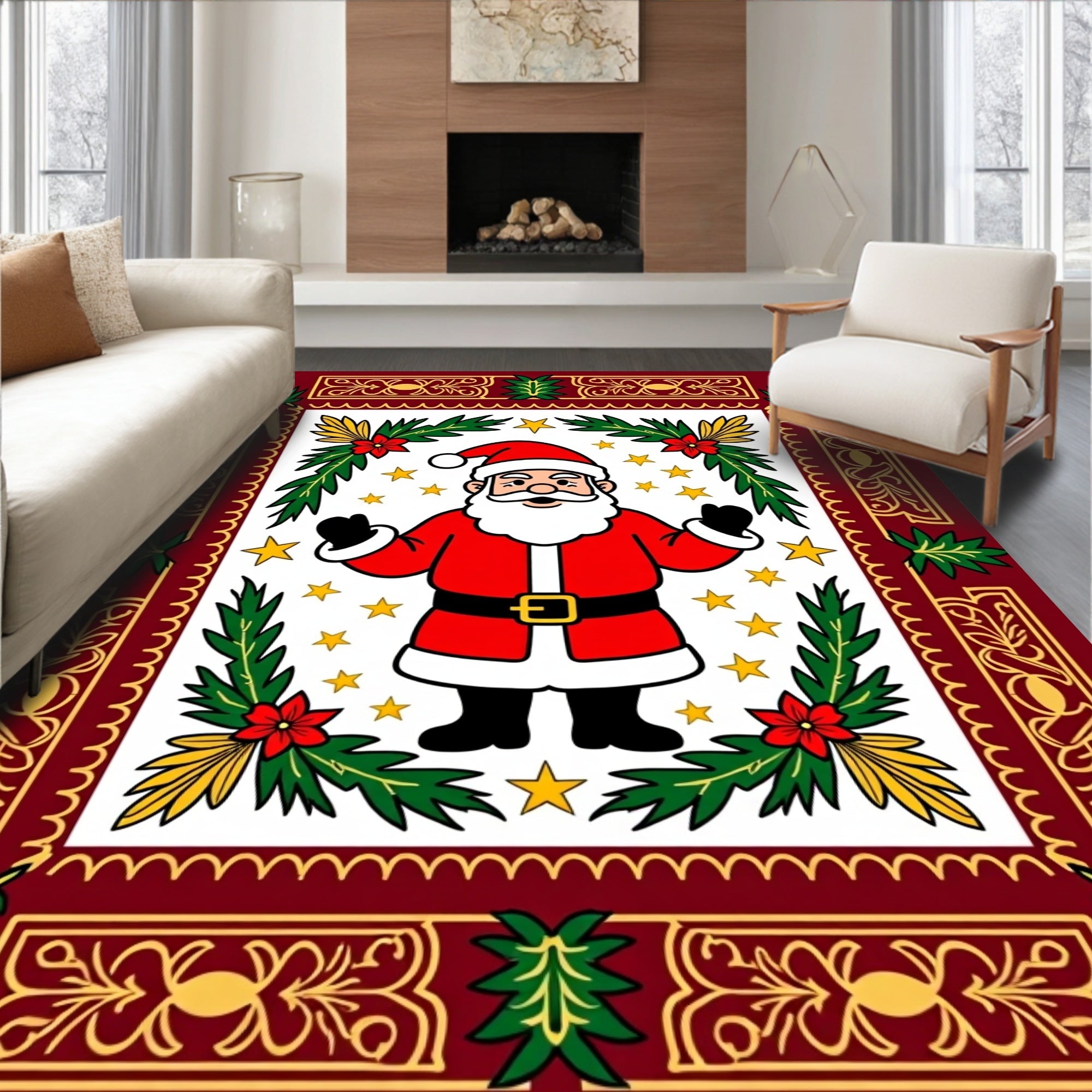 Santa Claus With Festive Stars Pine Design Rug