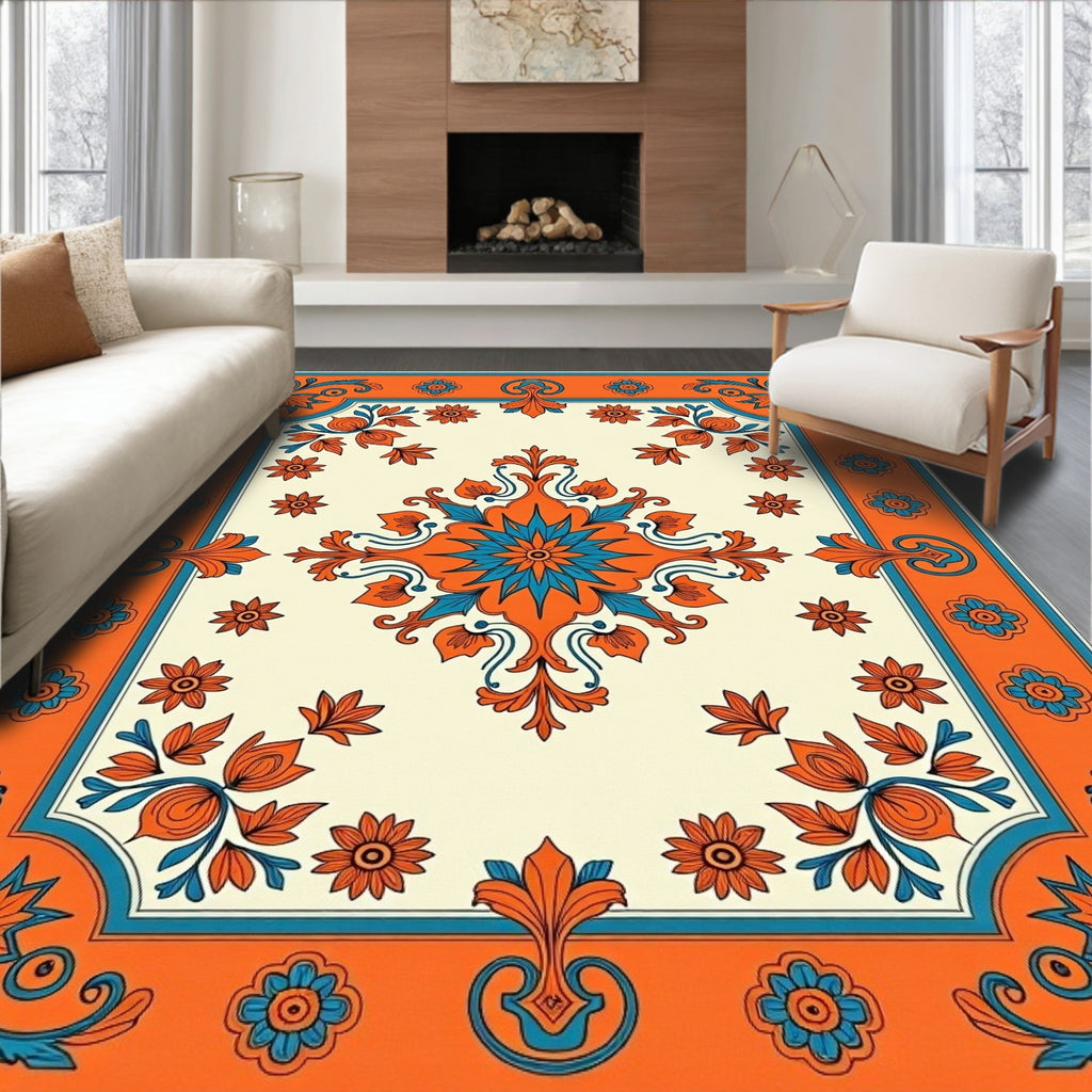 Orange Blue Floral Medallion Pattern Rug