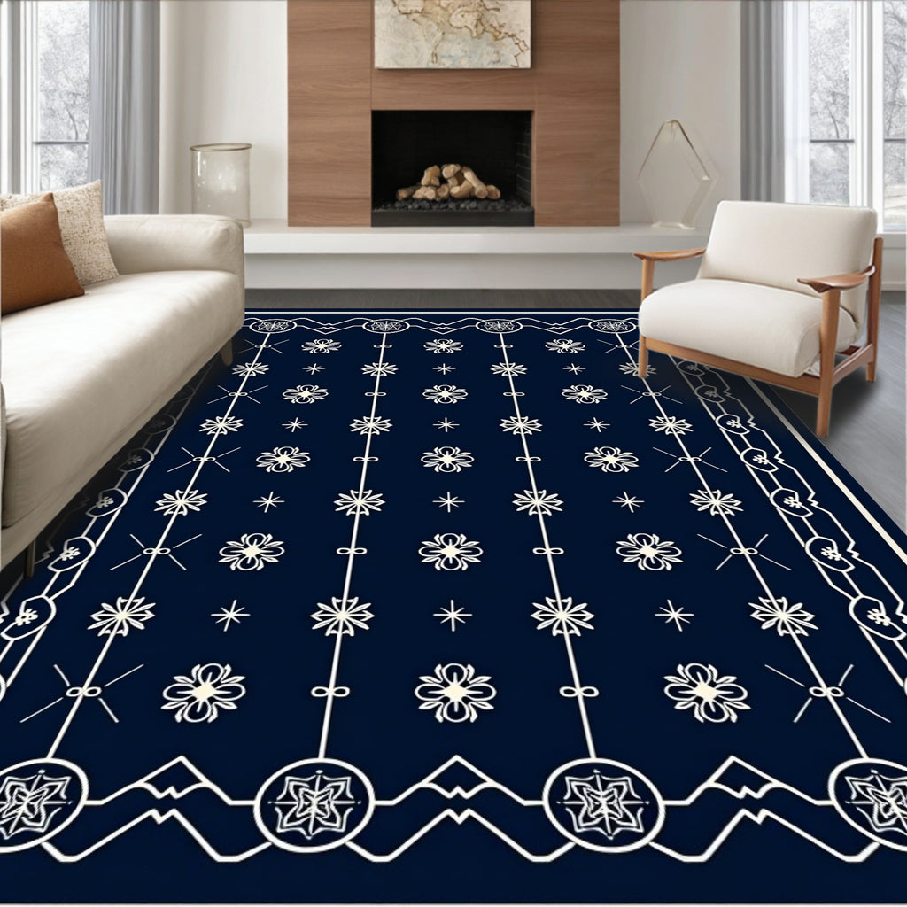 Navy White Floral Medallion Pattern Rug