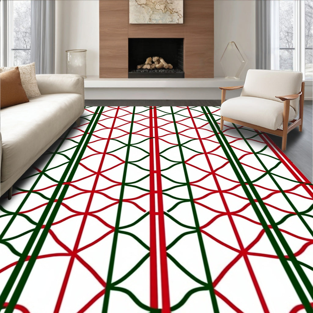 Geometric Wave Red Green Pattern Rug