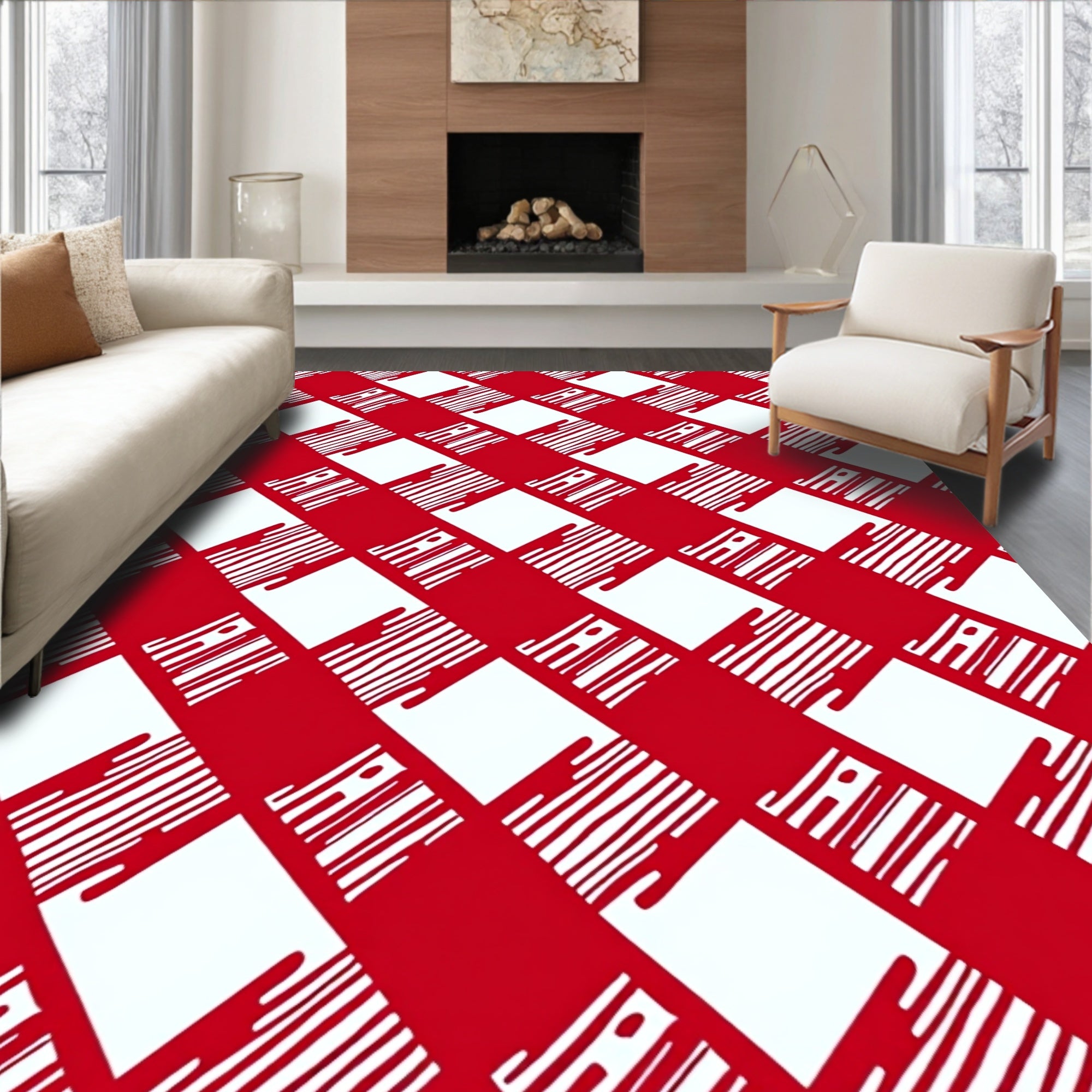 Bold Red White Diagonal Stripe Pattern Rug