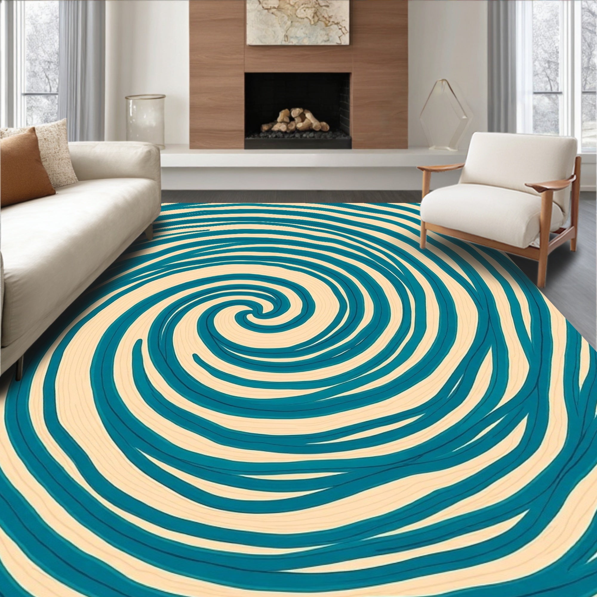Swirling Teal Cream Abstract Design Rug