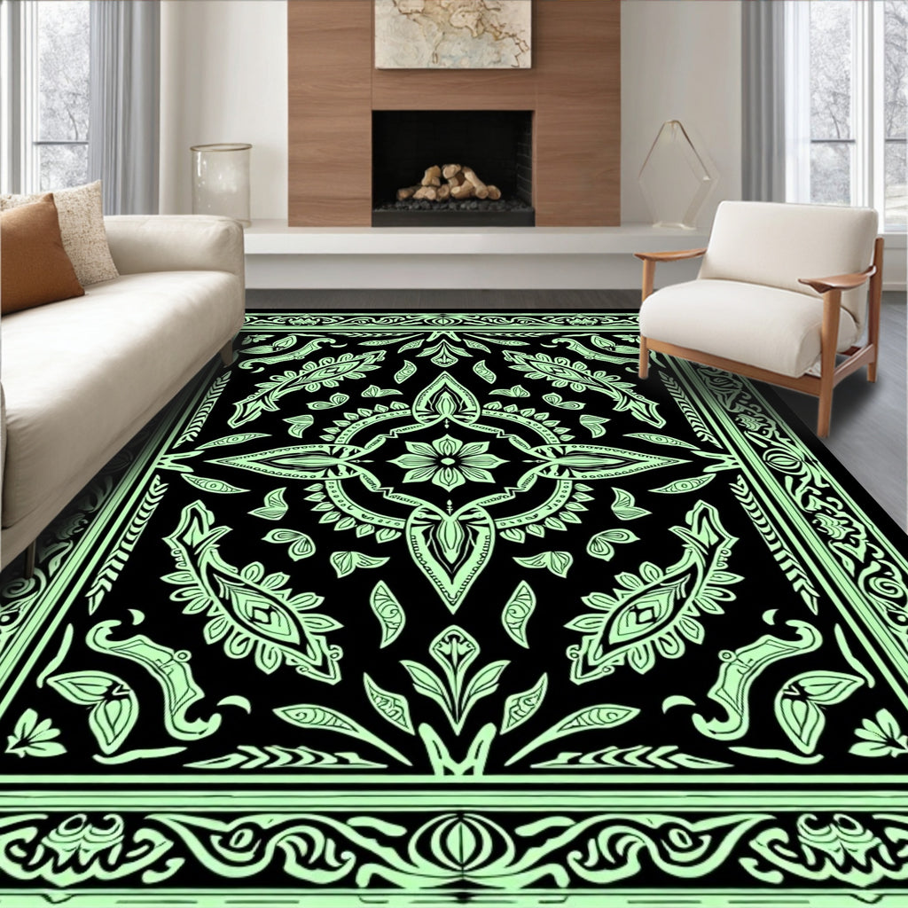 Ornate Floral Medallion Black Green Design Rug