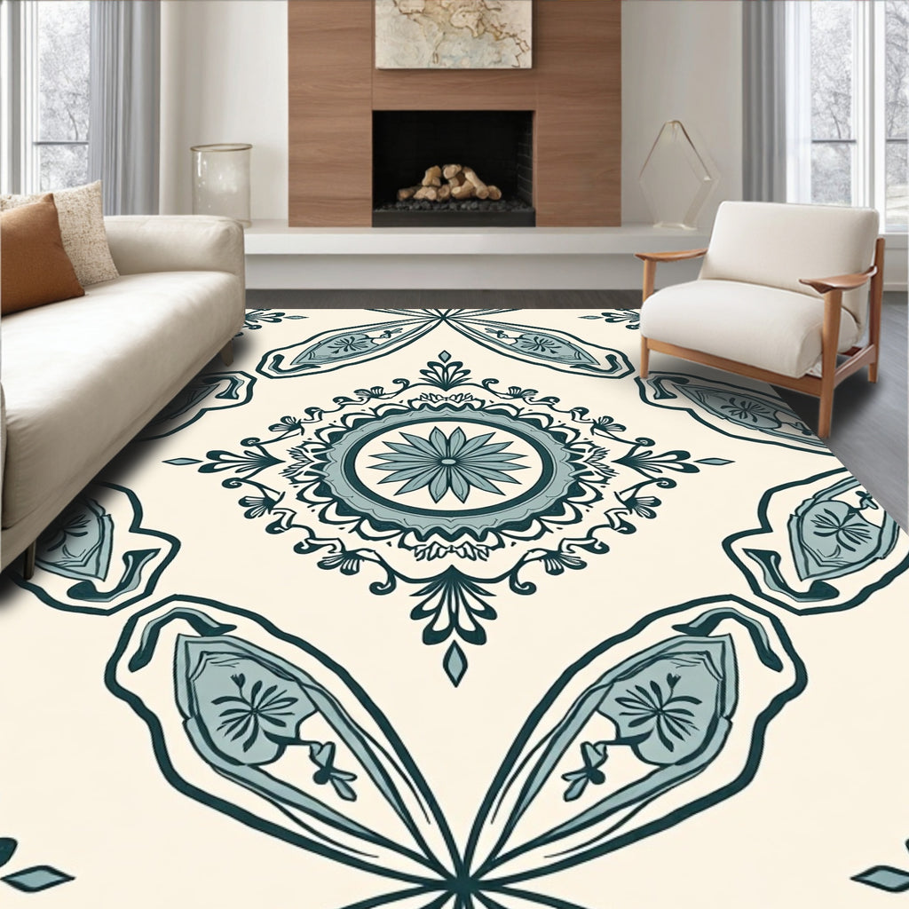 Vintage Teal Floral Mandala Pattern Rug
