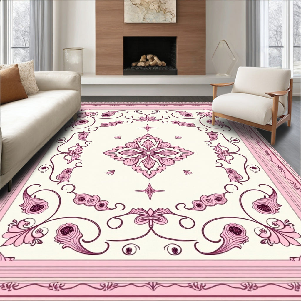 Pink Floral Swirls Borders Rug